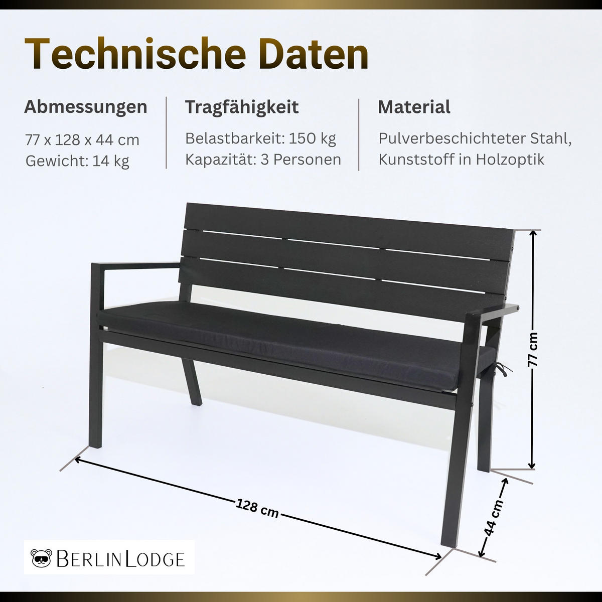 GARTENBANK MALLORCA mit Sitzkissen in Holzoptik 3-Sitzer 77x128x44cm Schwarz - Schwarz, Kunststoff/Metall (128/77/44cm) - BERLINLODGE
