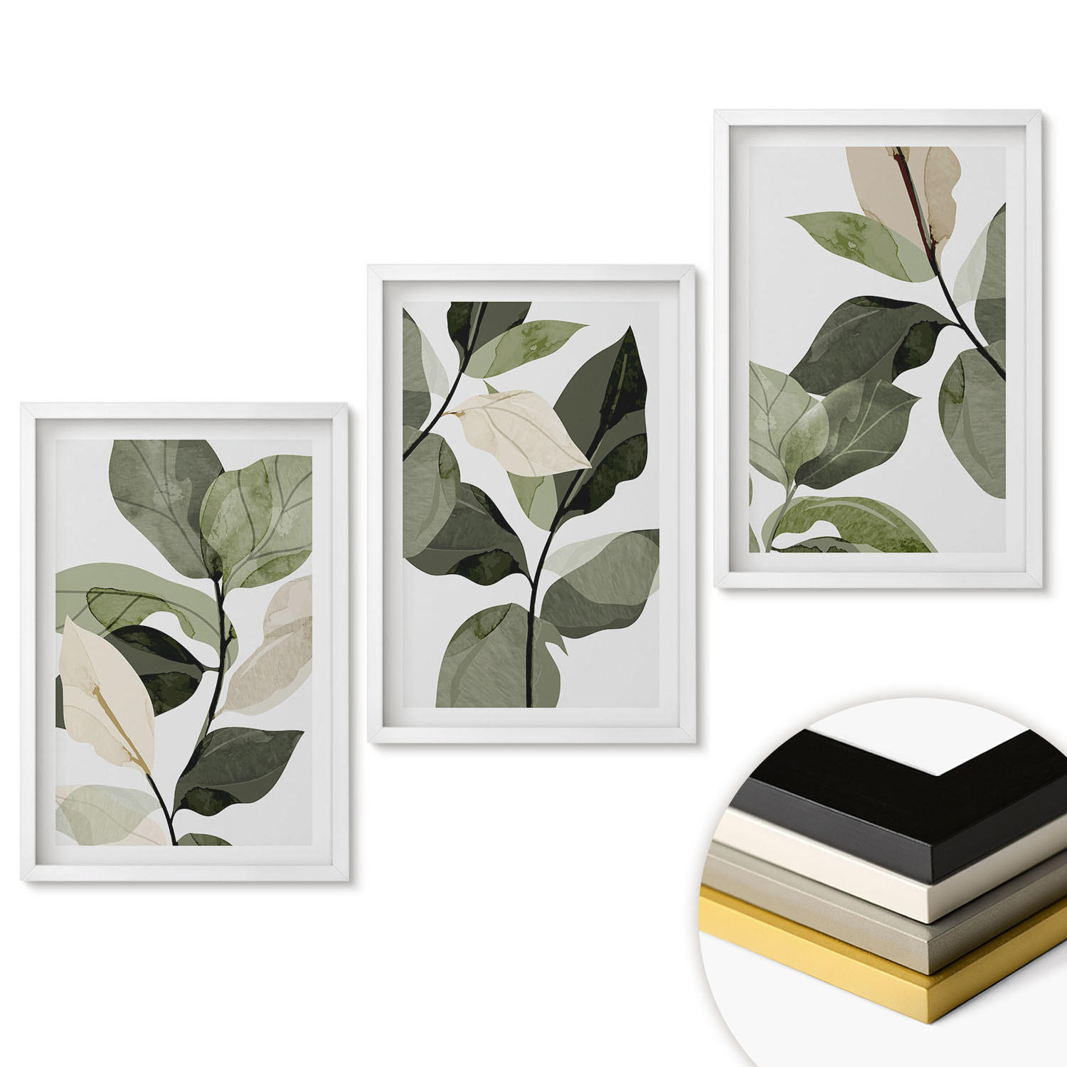 WANDBILDER 3er-Set - 40x60 cm Weißer Rahmen - Bemalte Boho-Pflanzenblätter - Weiß, Kunststoff (40/60cm) - ArtPrintCave