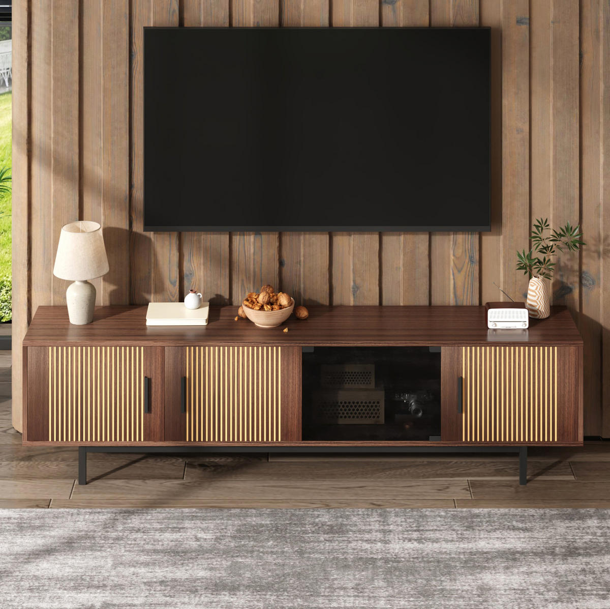 TV-SCHRANK in Schwarz und Walnussbraun mit LED-Leiste 200/35/53 cm - Walnussfarben, Holzwerkstoff (200/53/35cm) - Redom