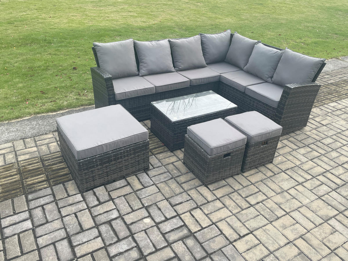 GARTENSOFA SET Hohe Rückenlehne Polyrattan Dunkelgrauer Mix 9-Sitzer - Dunkelgrau/Grau, Glas/Kunststoff - Fimous