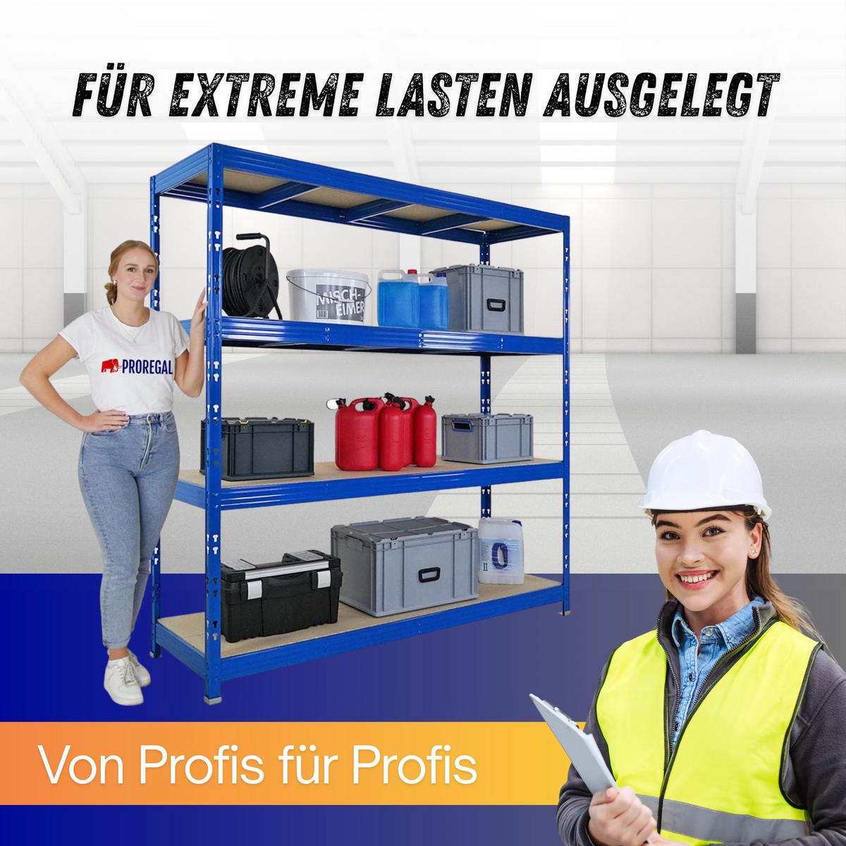 SCHWERLASTREGAL Rhino 200x200x60 cm 4 Spanplatten-Ebenen 16mm Fachlast 500 kg Blau - Blau, Metall (200/200/60cm) - PROREGAL