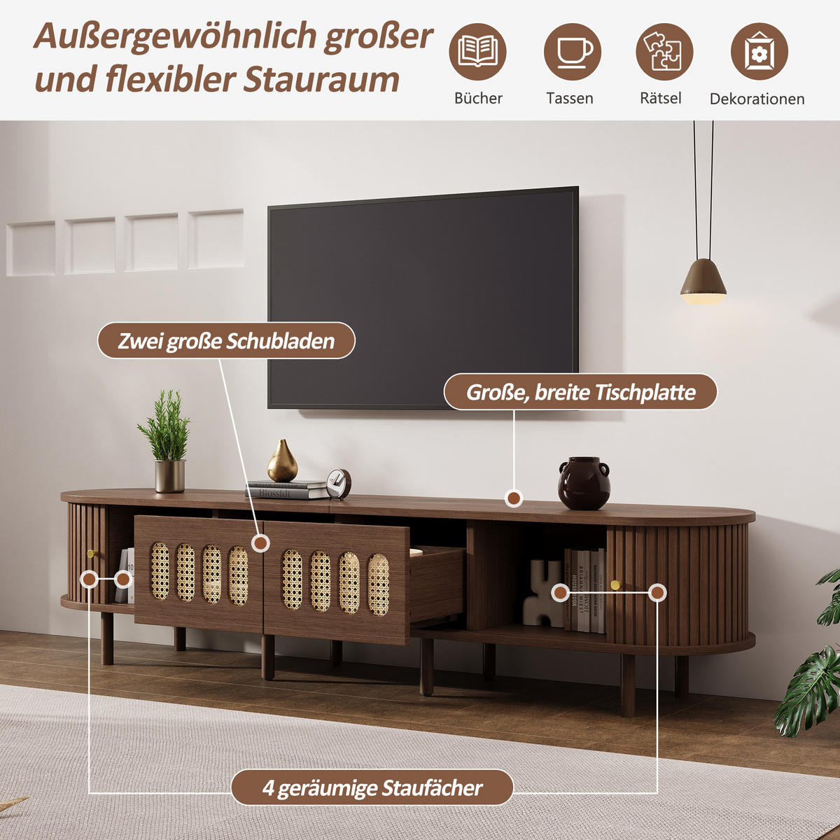 TV-SCHRANK 180cm Nussbaum Rattan 2 Schubladen Lowboard - Walnussfarben, Holzwerkstoff (180/40/40cm) - FLIEKS