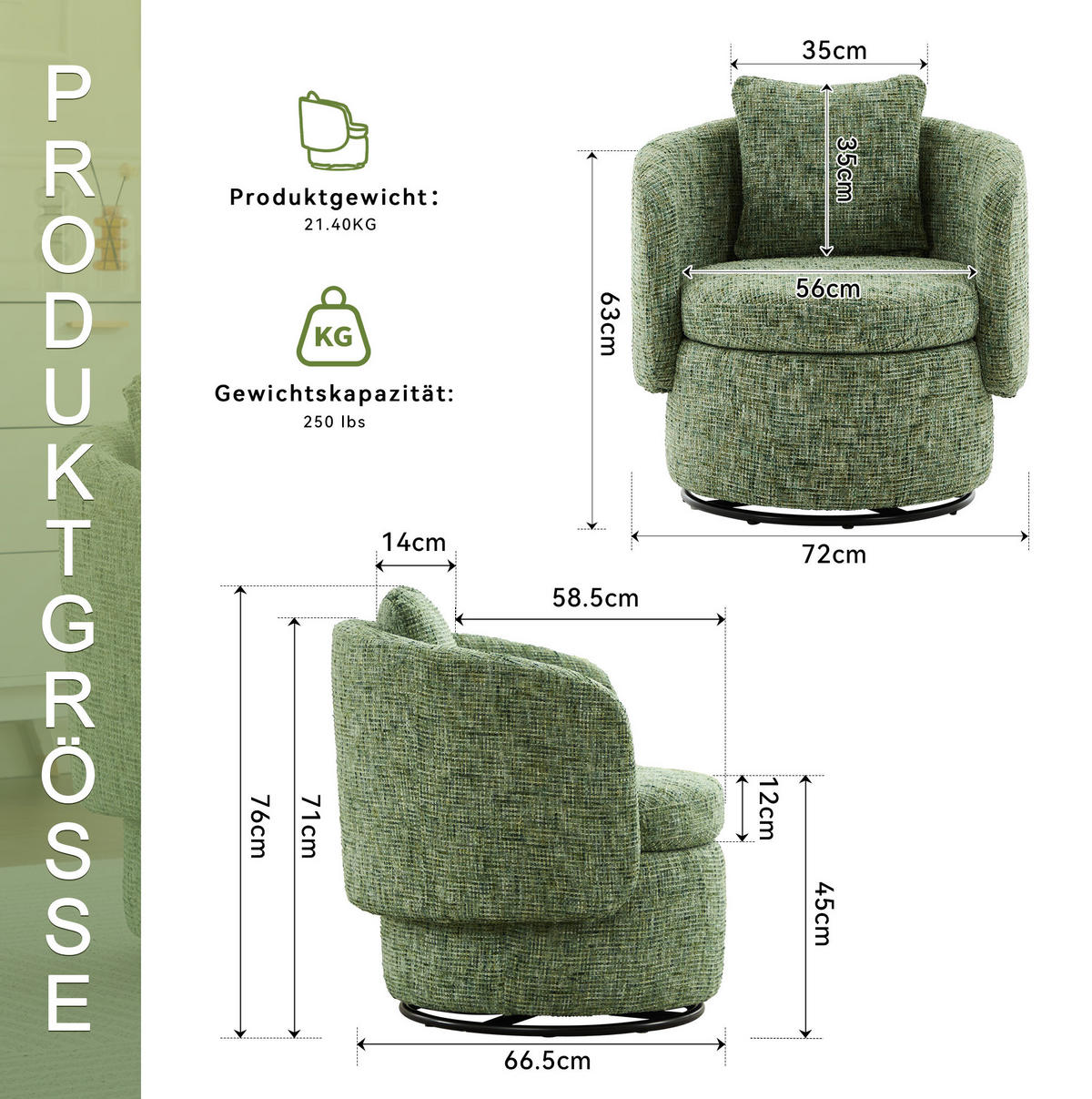 DREHSESSEL Chenille mit verstecktem Stauraum 72/66.5/76 cm Grün - Grün, Textil (66.5/76/72cm) - Redom