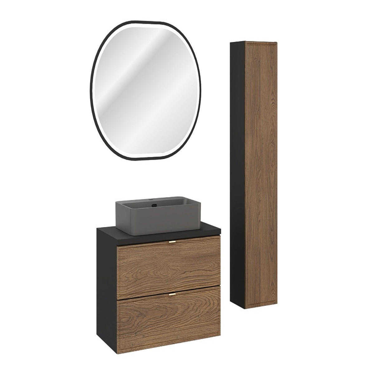 BADMÖBEL-SET 5 Teile - Talia Casella T BM95 in Schwarz Matt/Casella Oak - Hellbraun/Goldfarben, Holz/Metall (80/140/46cm)