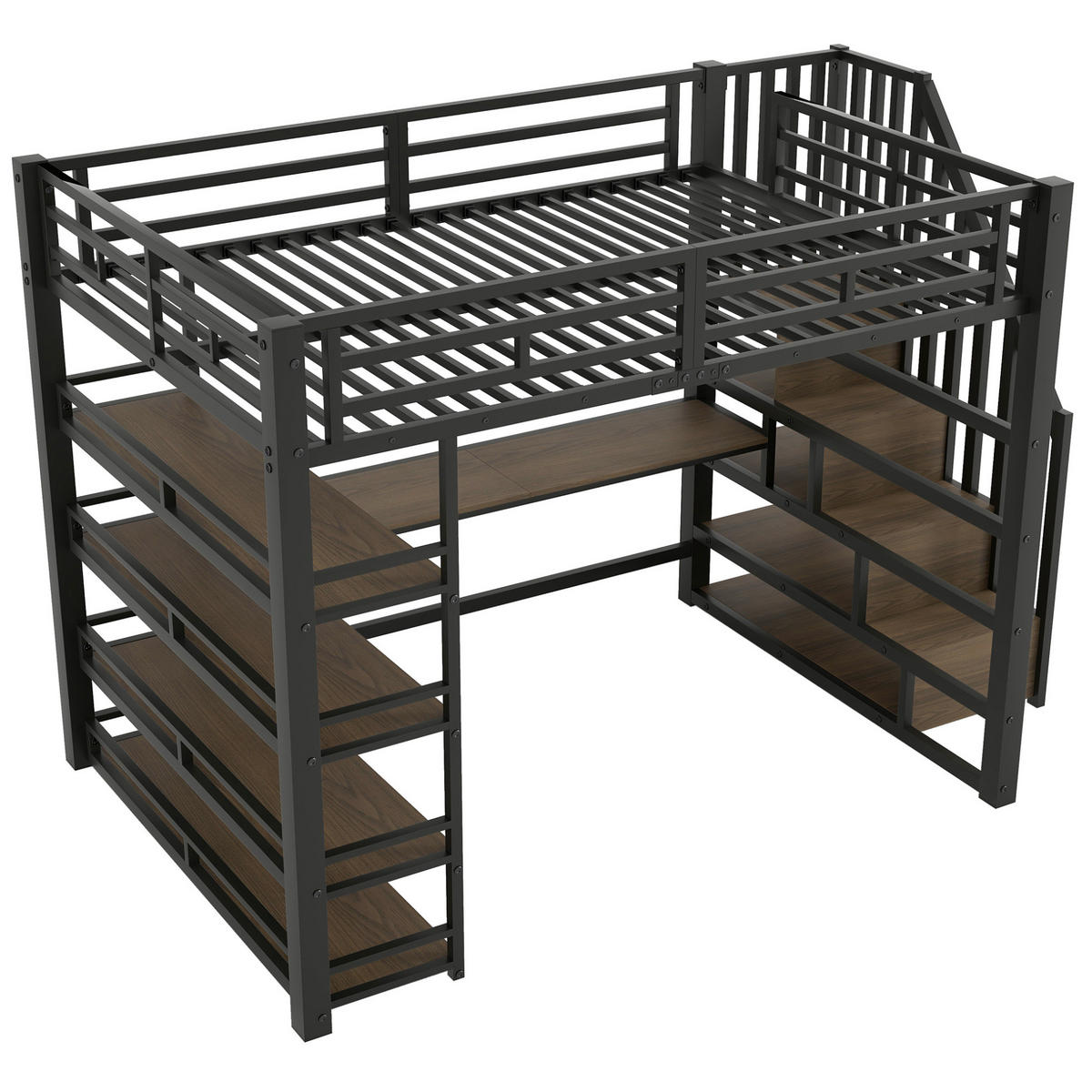 HOCHBETT 140/200 cm aus Metall und MDF mit Schreibtisch, Treppe, LED-Licht und Stauraum Schwarz - Schwarz, Holzwerkstoff (140/200cm) - Modenvie