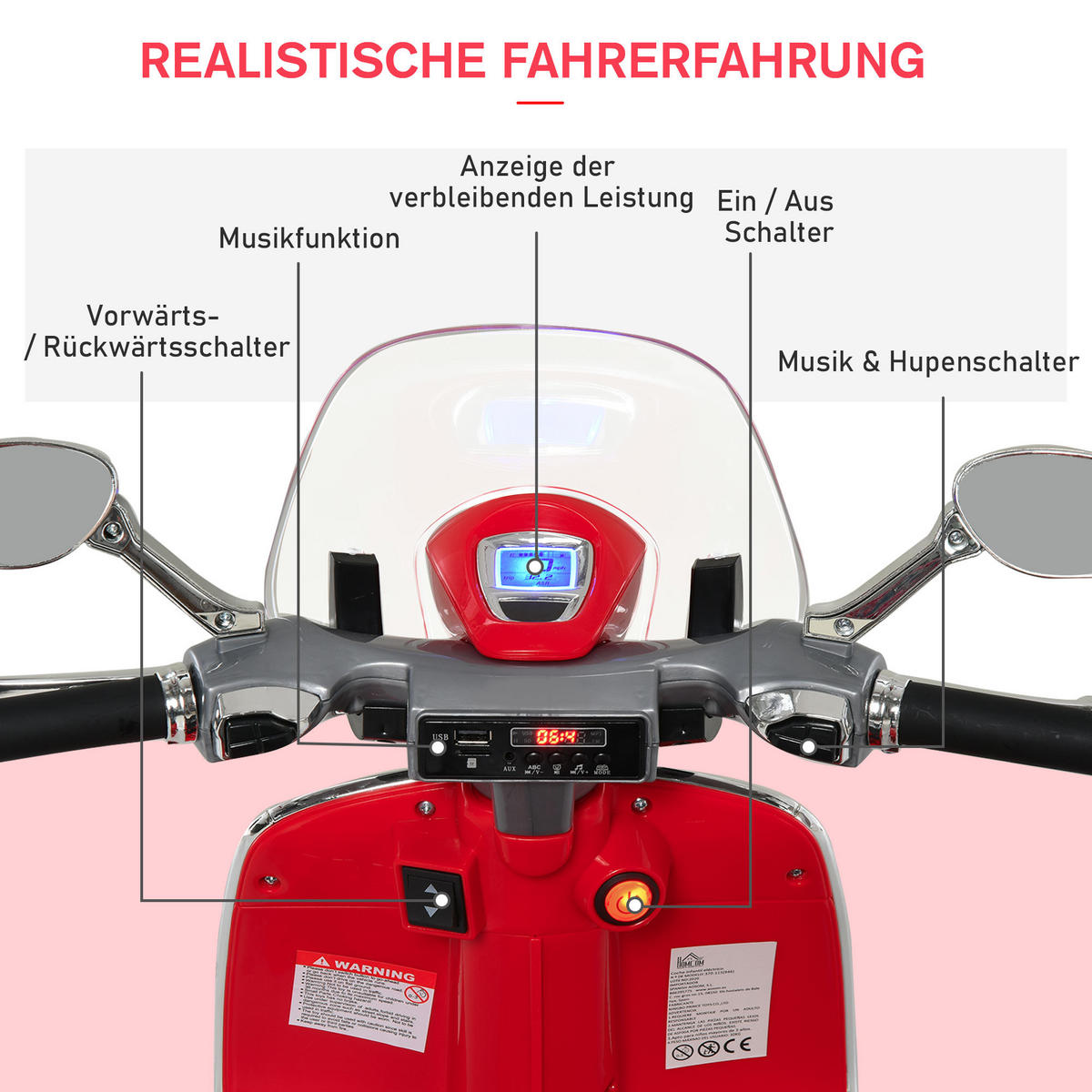 ELEKTRO KINDERMOTORRAD, Rot/Weiß, PP+ Stahl - Rot, Kunststoff (108/49/75cm) - HOMCOM