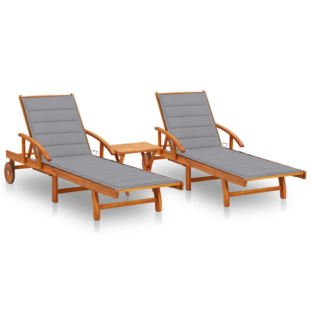 SONNENLIEGEN 2er set Mit Tisch Und Auflagen Massivholz Akazie - Grau, Holz/Textil (40/40/40cm) - vidaXL