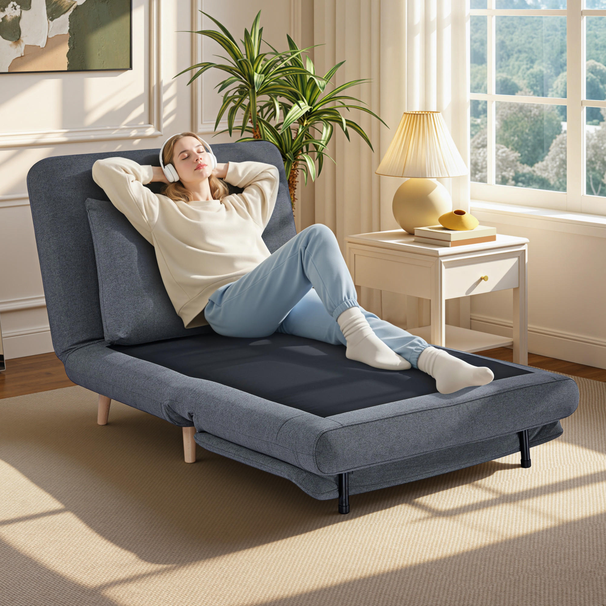 SCHLAFSESSEL 3-in-1 Sessel Bett-Funktion , verstellbare Rückenlehne - Buchefarben/Grau, Buchenholz/Textil (90/80/95cm) - HOMCOM