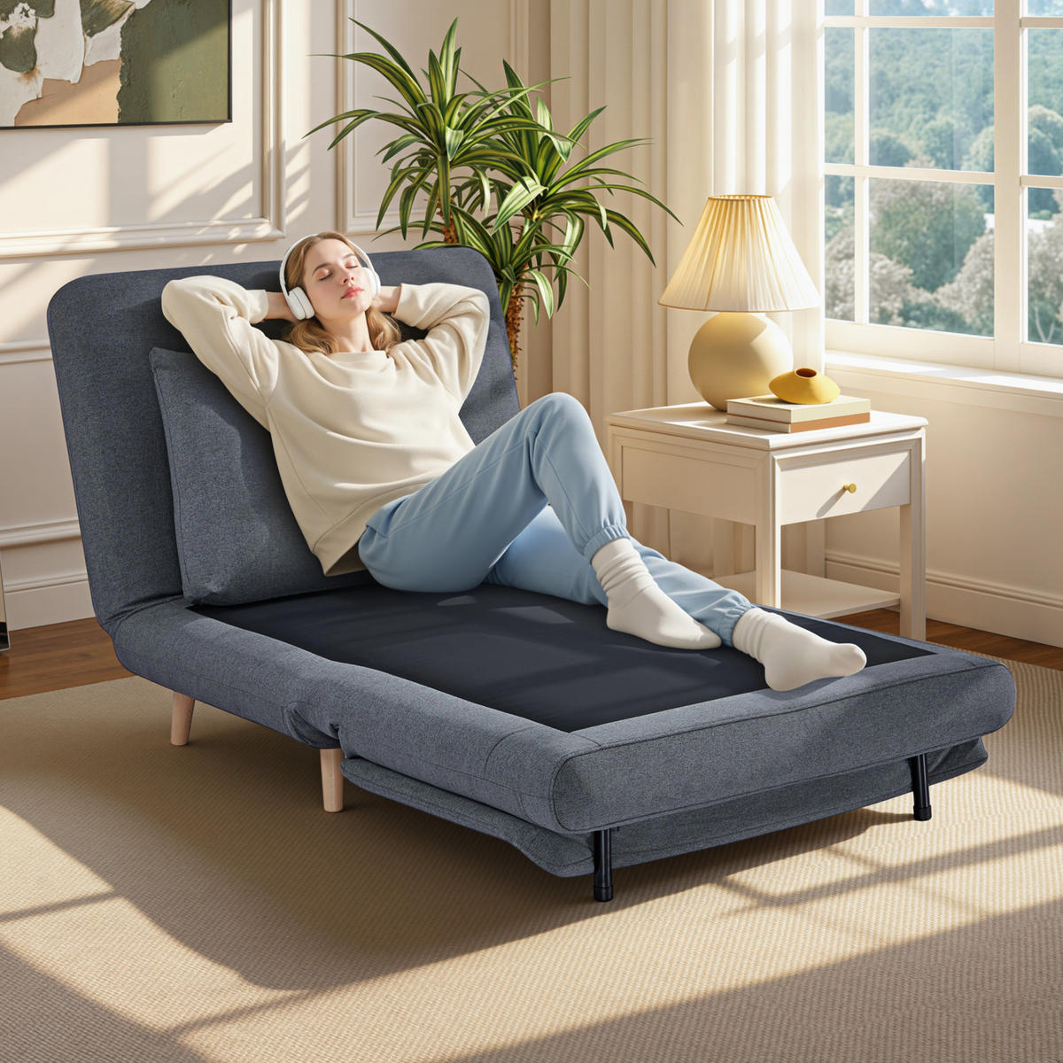 SCHLAFSESSEL 3-in-1 Sessel Bett-Funktion , verstellbare Rückenlehne - Buchefarben/Grau, Buchenholz/Textil (90/80/95cm) - HOMCOM