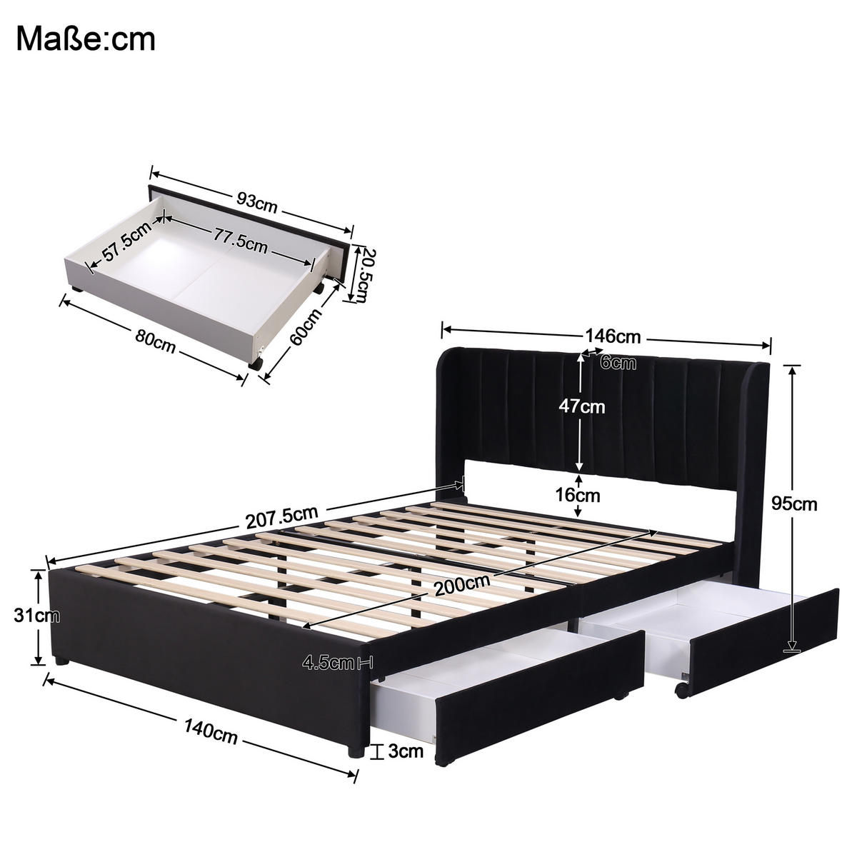 POLSTERBETT 140/200 cm schwarz mit Lattenrost und 2 Schubladen - Schwarz, Textil (140/200cm) - OKWISH