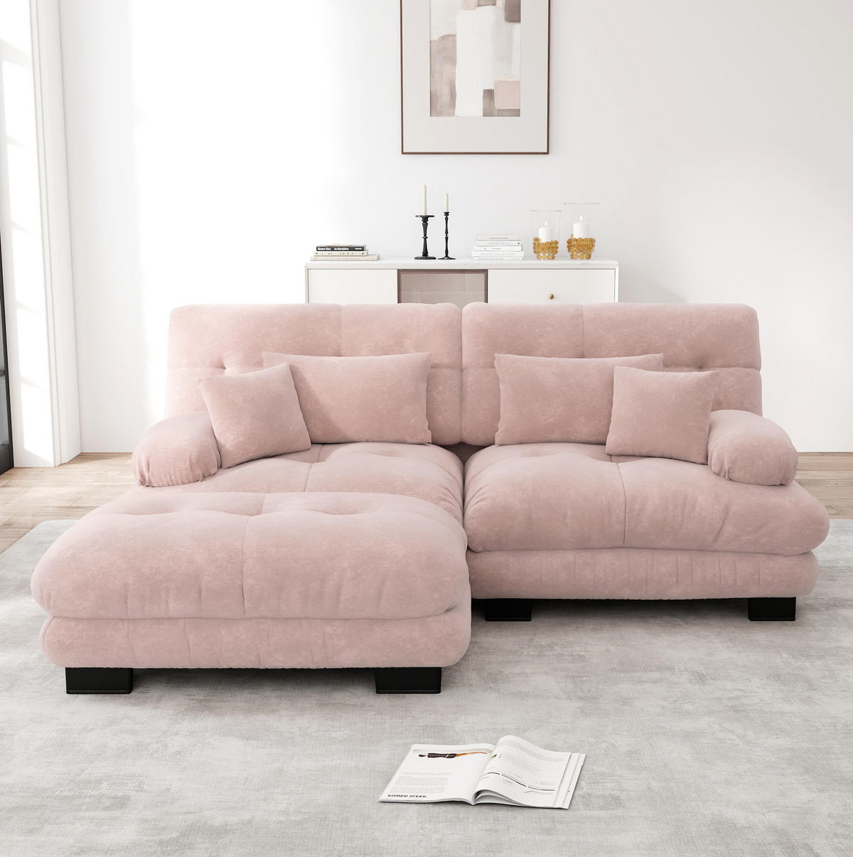 SOFA modular Chenille Pink mit Ottomans - Pink, Kunststoff (145/220.1cm) - Meubliv