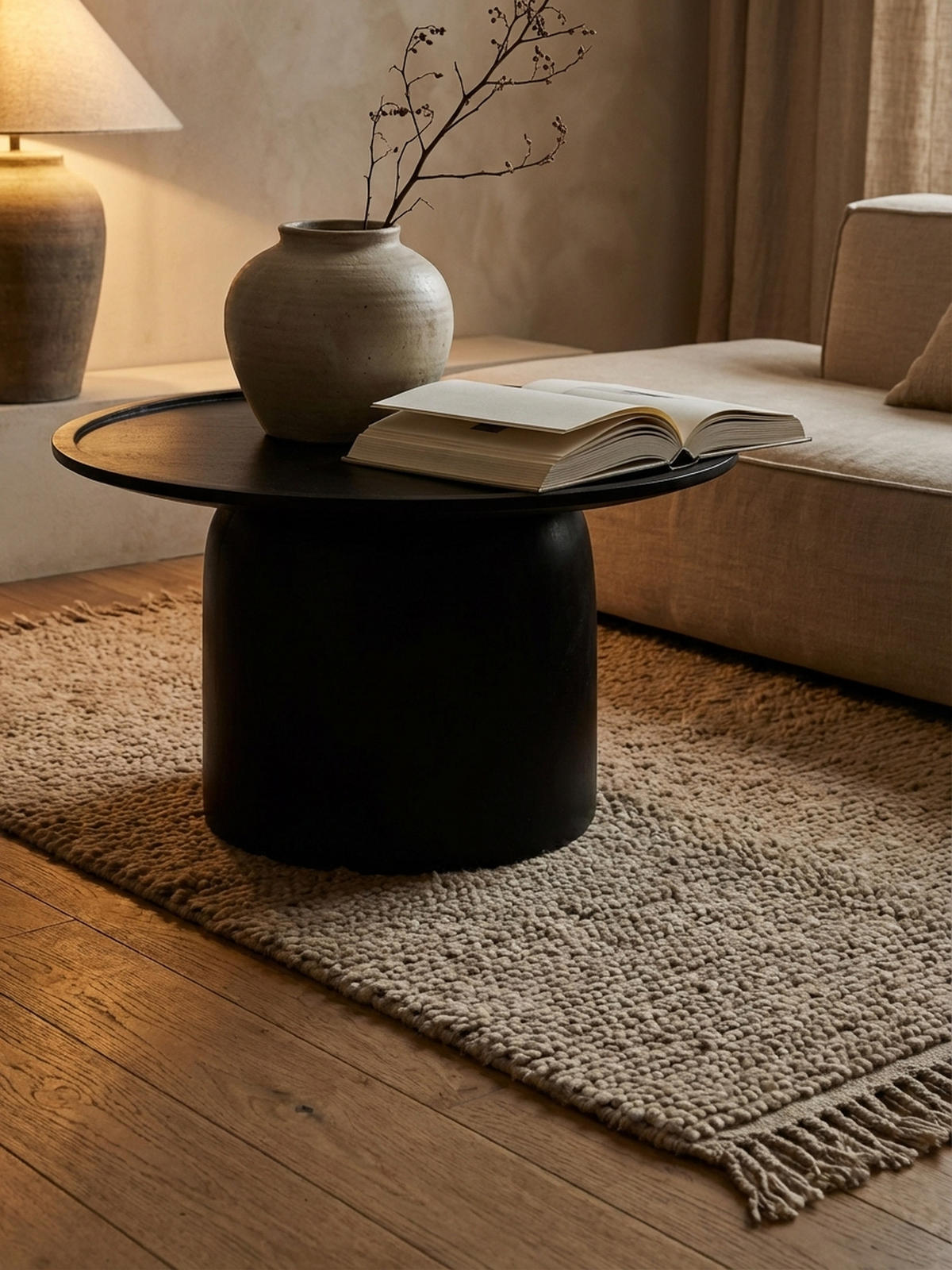 COUCHTISCH Rund Schwarz Mango Massivholz, 60x60x40 cm, Erhöhter Rand, Trommelgestell - Schwarz, Holz (60/60/40cm) - KADIMA DESIGN