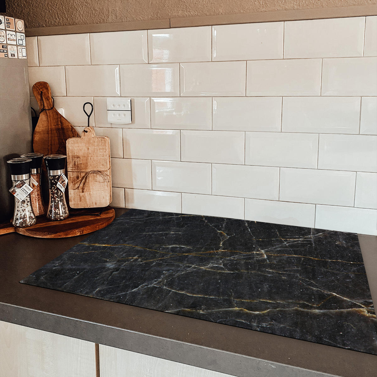 HERDABDECKPLATTE Marmor - Schwarz - Gold - Grau - Marmorstruktur 78x52 cm - Goldfarben, Kunststoff (78/0.2/52cm) - MuchoWow