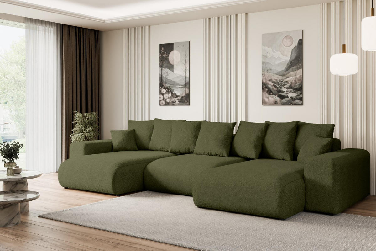 WOHNLANDSCHAFT mit Schlaffunktion und Bettkasten ESKAR-U -352x165x84cm Grün Bouclé - Schwarz/Grün, Holzwerkstoff/Kunststoff (352/84/165cm) - ALTDECOR
