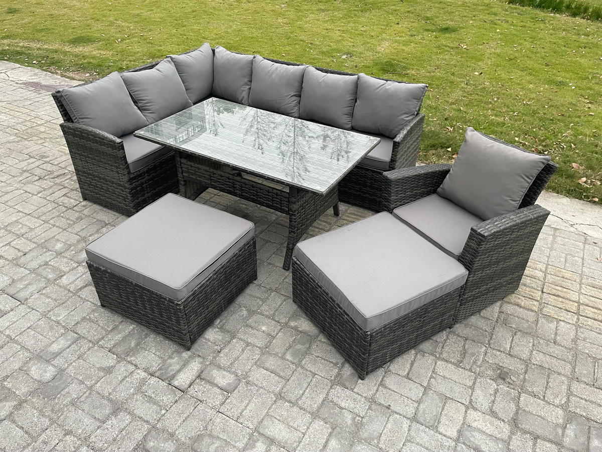 SITZGRUPPE mit Esstisch,2 Fußhocker,Stuhl Polyrattan Dunkelgrau 9-Sitzer - Dunkelgrau/Grau, Glas/Kunststoff - Fimous