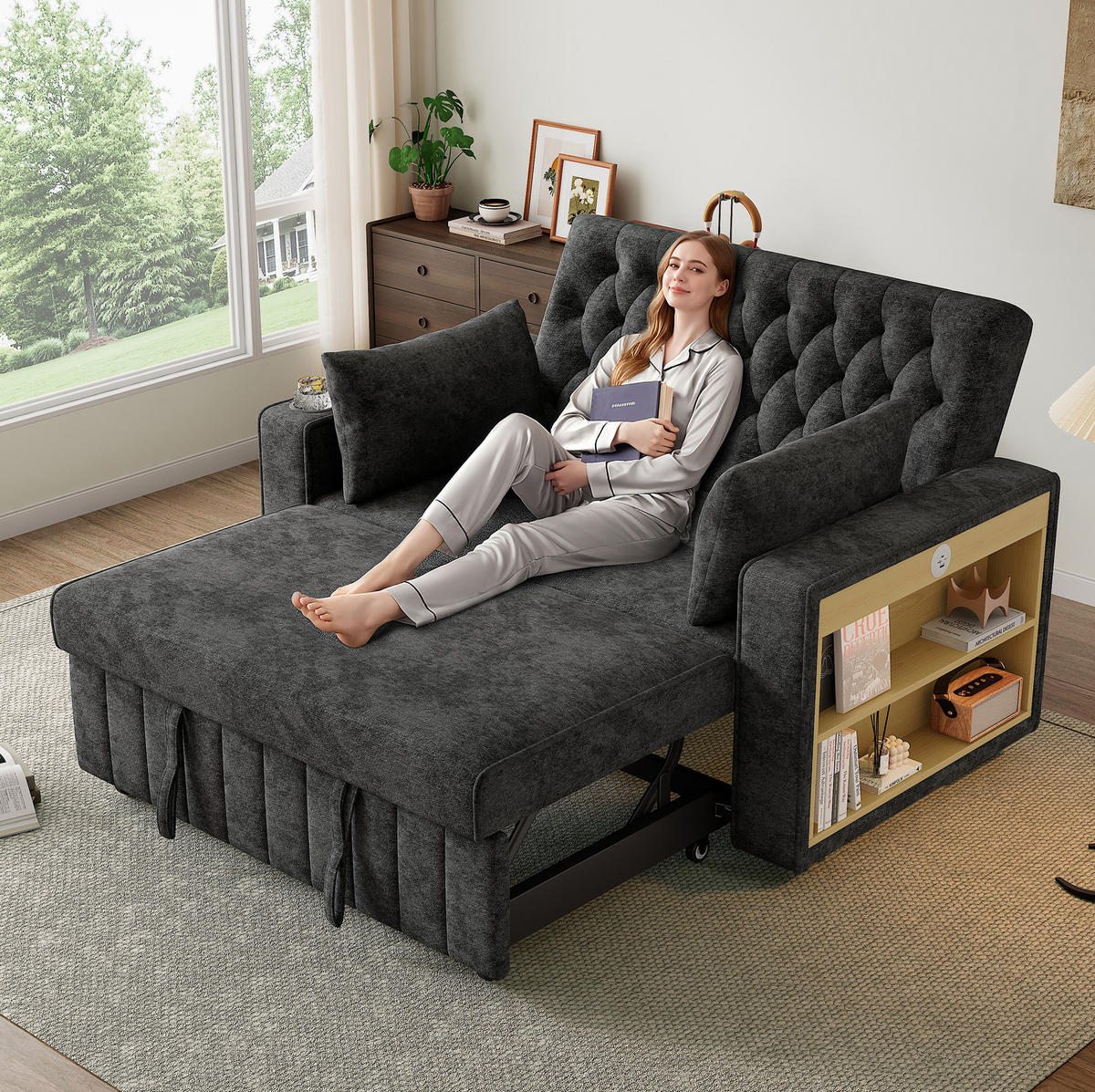 2-SITZER 140/137/84 cm Grau aus Chenille mit Schlaffunktion und USB-Ladeanschluss - Grau, Textil (137/84/140cm) - OKMYHOME