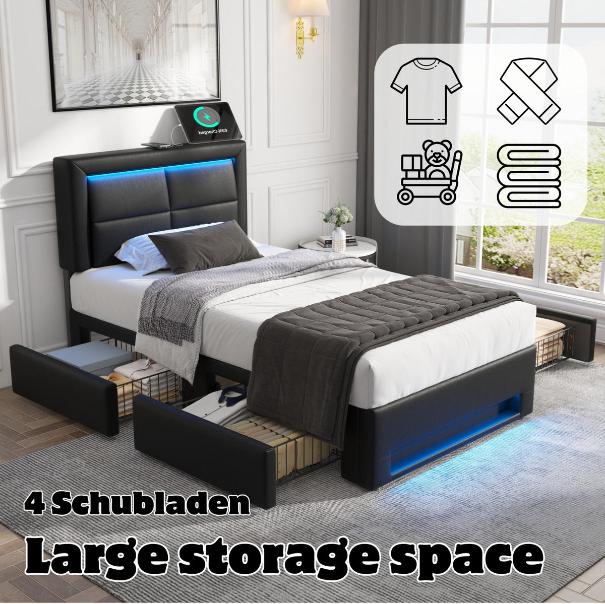 POLSTERBETT 90/190 cm Schwarz mit USB-Anschluss und LED-Beleuchtung - Schwarz, Kunststoff (90/200cm) - OKWISH