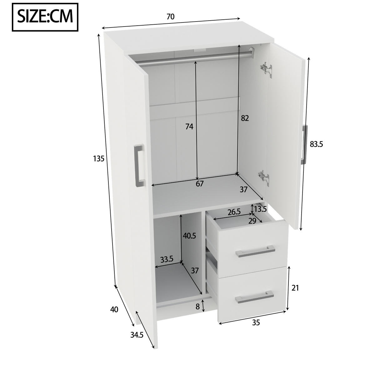 KLEIDERSCHRANK 70/40/135 cm mit 2 Drehtüren und 2 Schubladen in Weiß - Weiß, Holz (70/135/40cm) - BEAOK