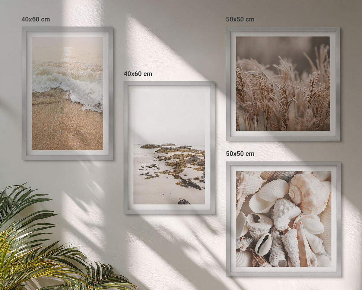 BILDER SET 4er Set - 50x50 cm & 40x60 cm Silberner Rahmen - Strandgras, Wellen, Steine, Boho-Stil - Silberfarben, Kunststoff (50/50cm) - TULUP
