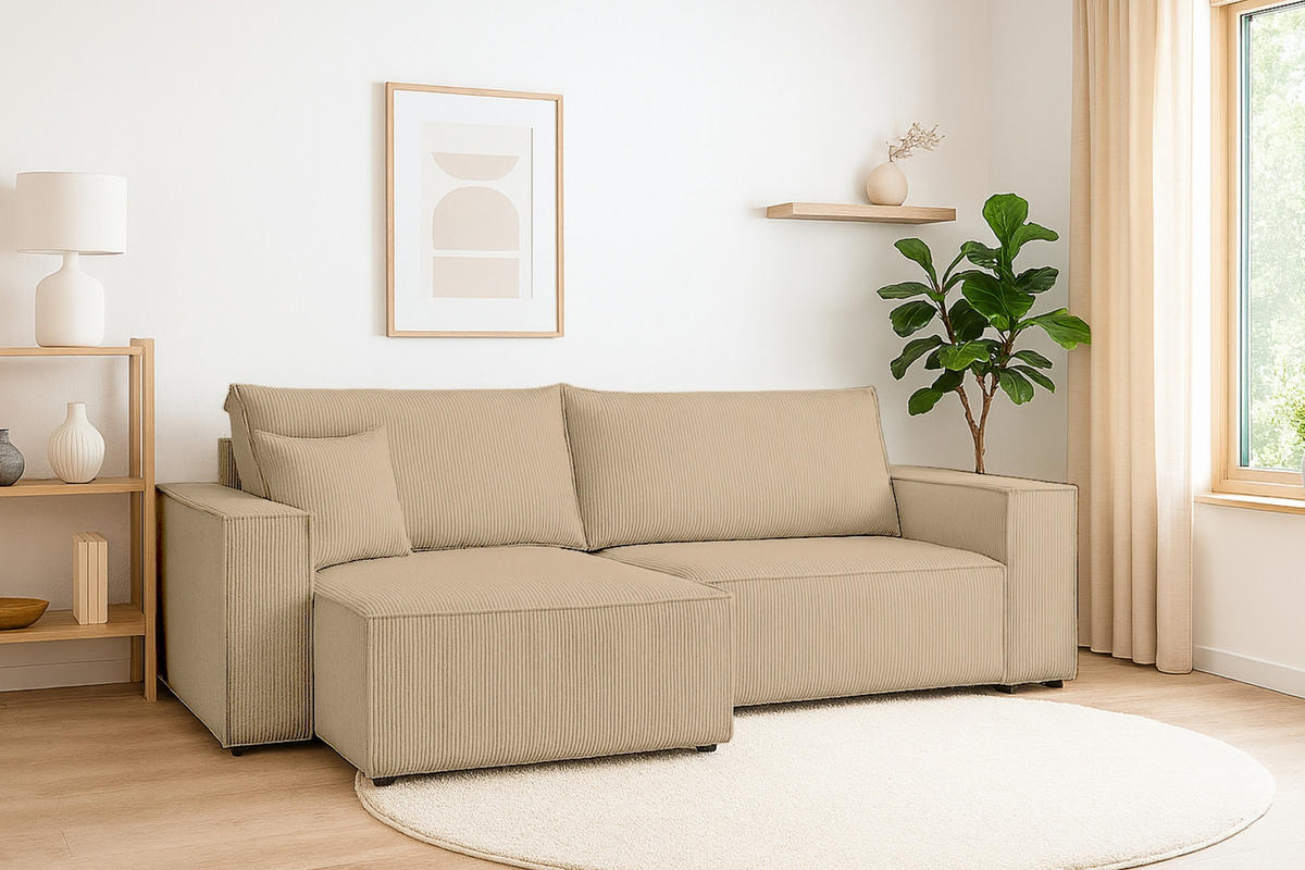 ECKSOFA MATT 255/153 cm links in Cord Beige - Beige/Schwarz, Holz/Holzwerkstoff (255/153cm) - Deine Möbel 24