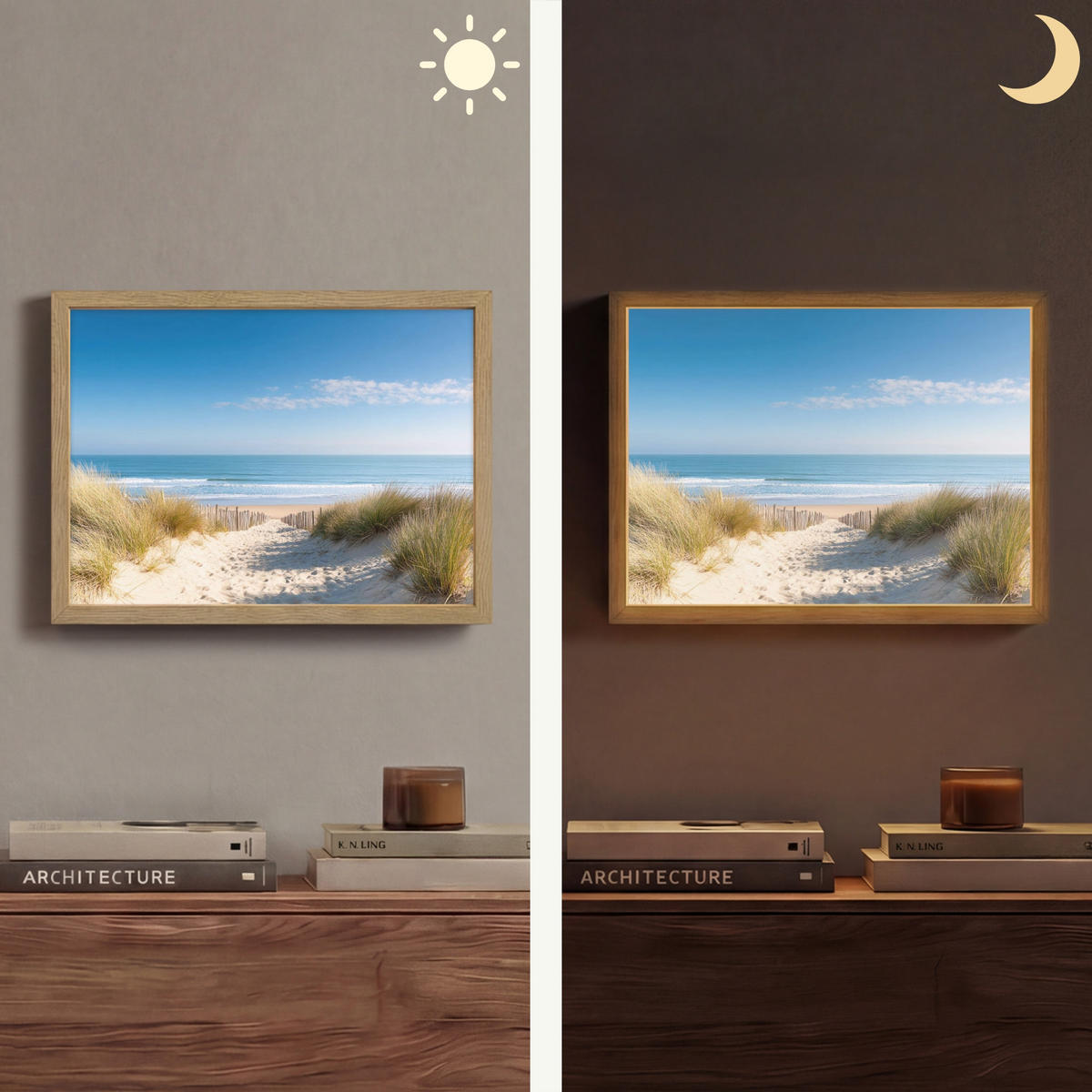 NÁSTĚNNÁ LAMPA S AKUMULÁTOREM Pláž - moře - duny - písek - léto 40x30 cm - písková barva, kompozitní dřevo (40/30/8cm) - OnlyWow