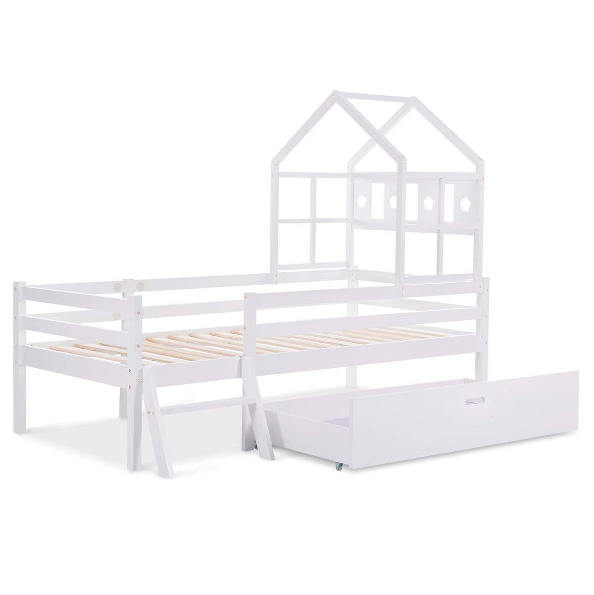 HOCHBETT 90/200 cm Weiß aus Massivholz mit Leiter und Schublade - Weiß, Holz (90/200cm) - Flora Grace