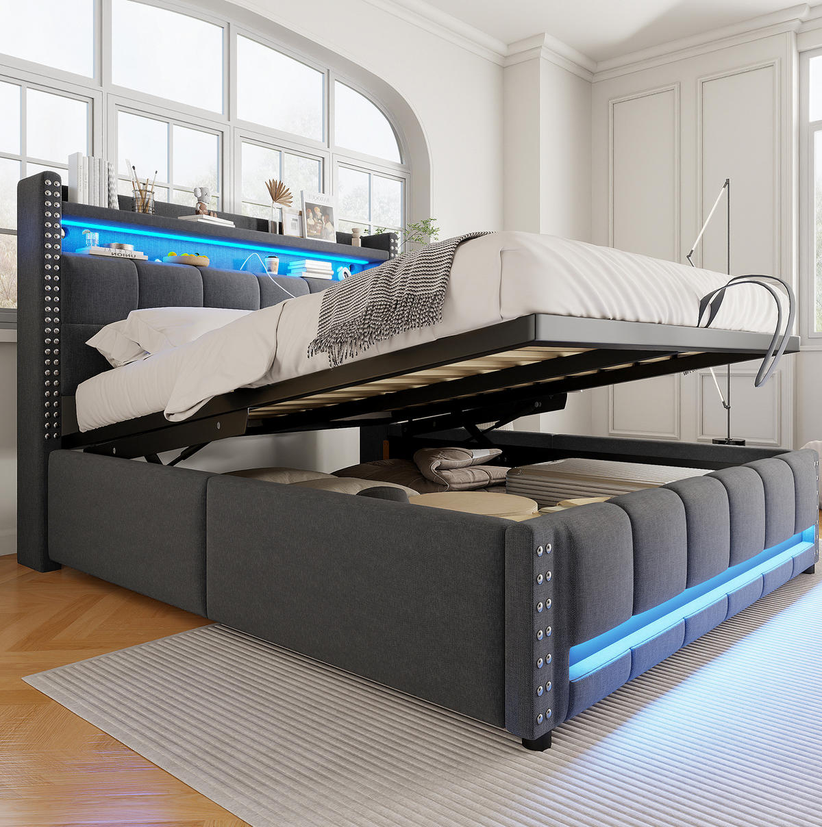 POLSTERBETT 140/200 cm Grau mit LED-Beleuchtung und Bettkasten aus Leinen - Grau, Textil (140/200cm) - OKWISH