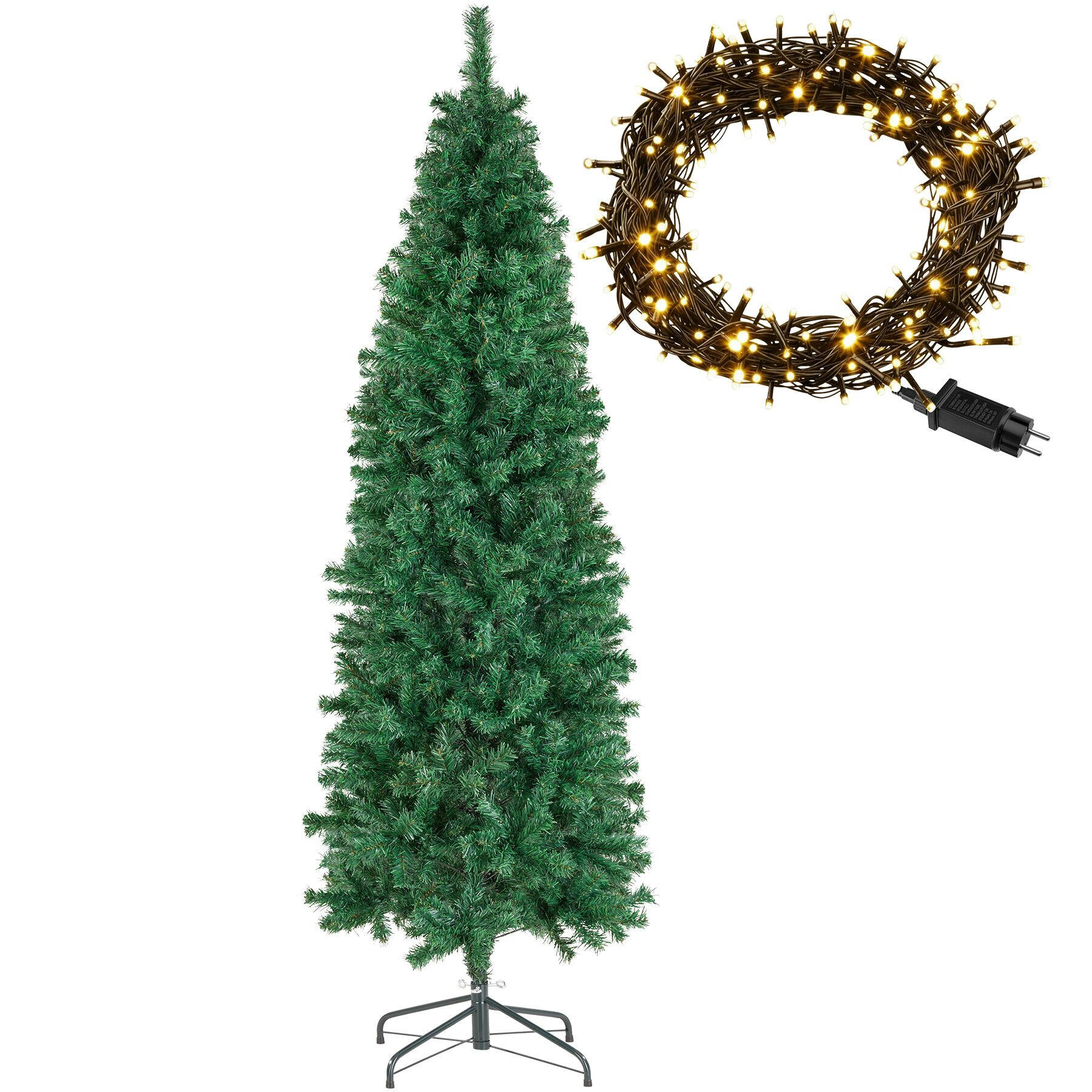 SET WEIHNACHTSBAUM MIT LICHTERKETTE ,pulverbeschichteter Metallständer mit Kunststoffkappen,grün - Grün, Kunststoff (150cm) - tectake