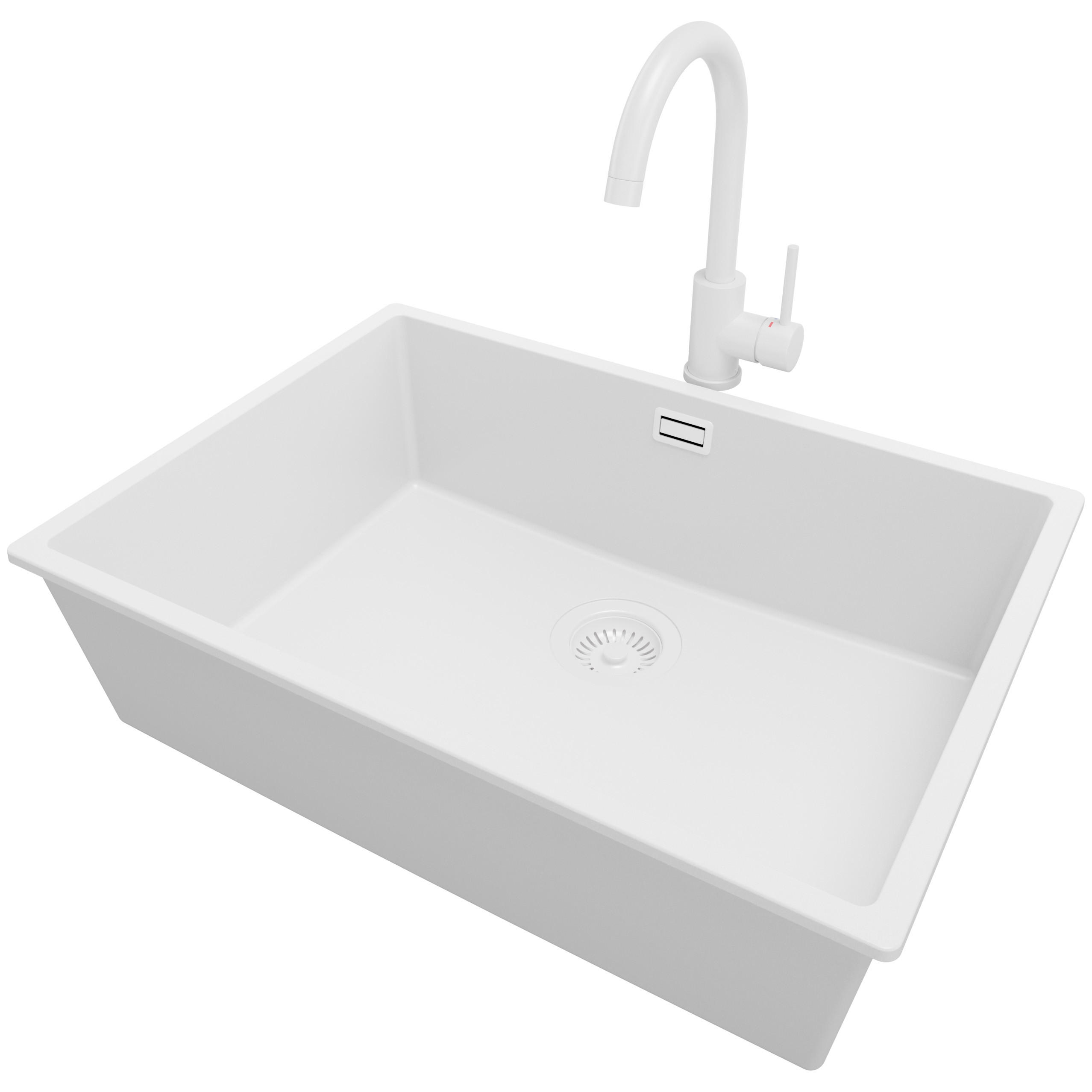 UNTERBAUSPÜLE GRANIT London, 2-er set Alles Weiß 66/47 cm 1 Becken + Küchenarmatur 32/20 cm + Ablauf-Set ab 70er Unterschrank - Weiß, Kunststoff (66/20/47cm) - Primagran