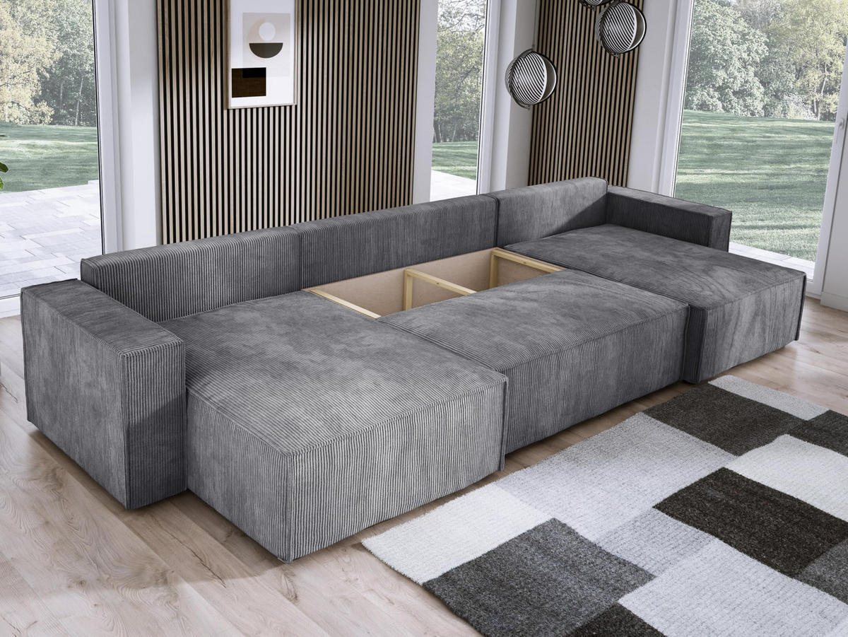 ECKSOFA Poso XXL U-förm, Schlaffunktion, weiche Kissen, Bettkasten, hochwertige Polsterung, lose Rückenkissen, freistehend, 377x143x83 cm Grey - Dunkelgrau, Holz/Textil (377/83/143cm) - DomoHome