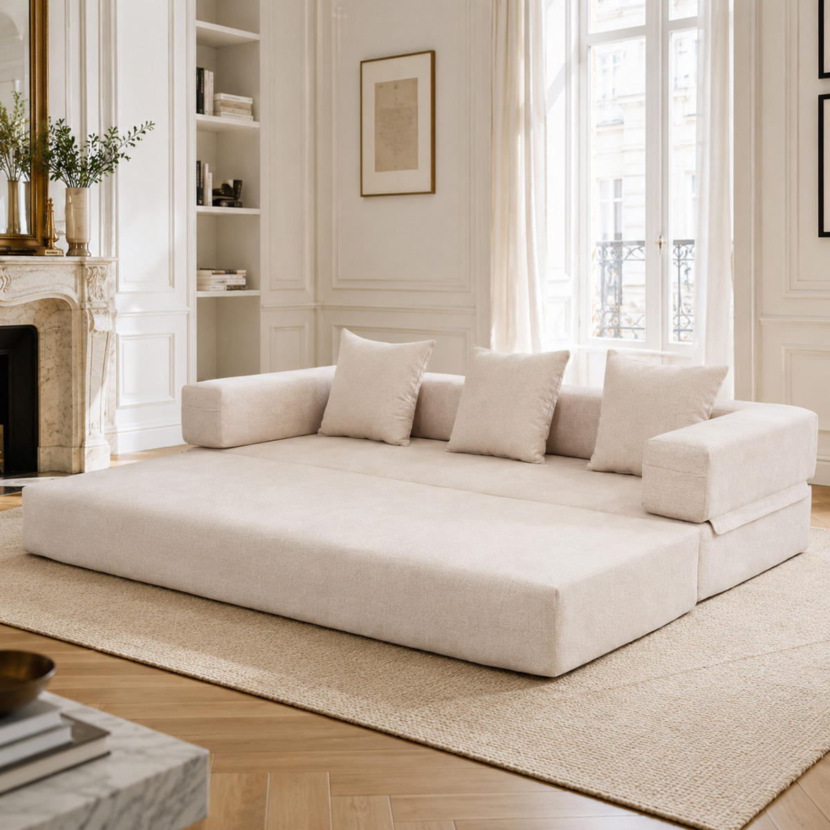 SCHLAFSOFA DE-33690 mit Seitentaschen Beige - Beige, Textil (198/60/79cm) - ComfortXL