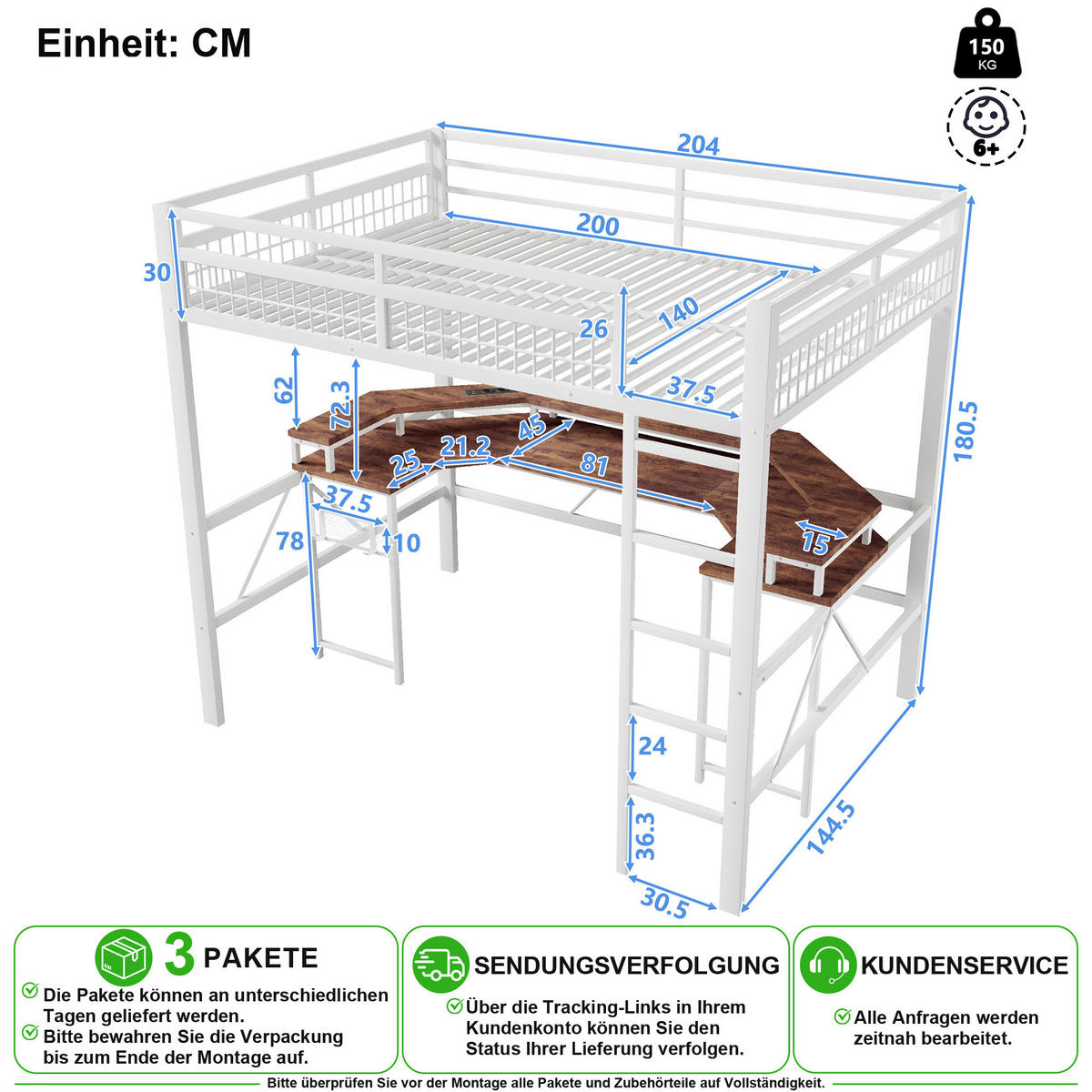 HOCHBETT 140/200 cm in Weiß mit LED, Schreibtisch und USB/Type-C - Weiß, Holzwerkstoff/Metall (140/200cm) - CHICFURN