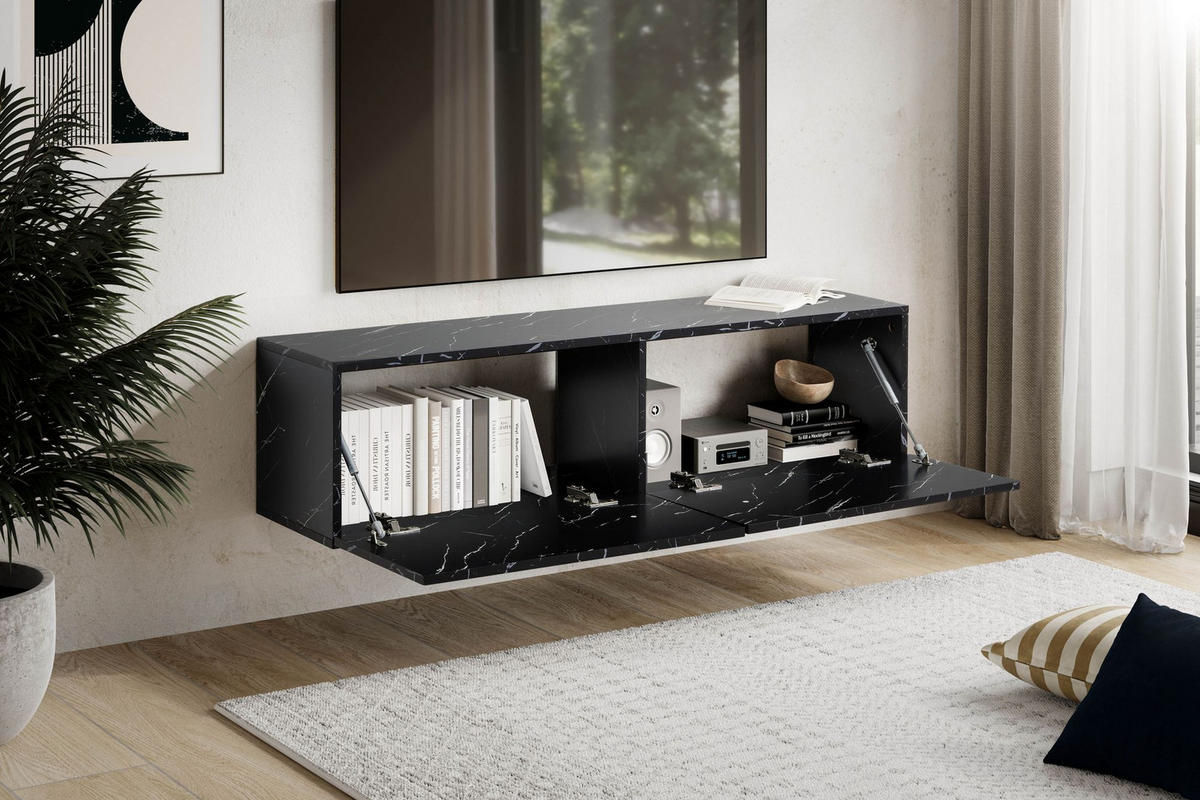 TV-LOWBOARD hängend, Marmor-Optik, Klapptüren, modern, Schwarz 120x30x30 cm - Schwarz, Metall (120/30/30cm) - KADIMA DESIGN