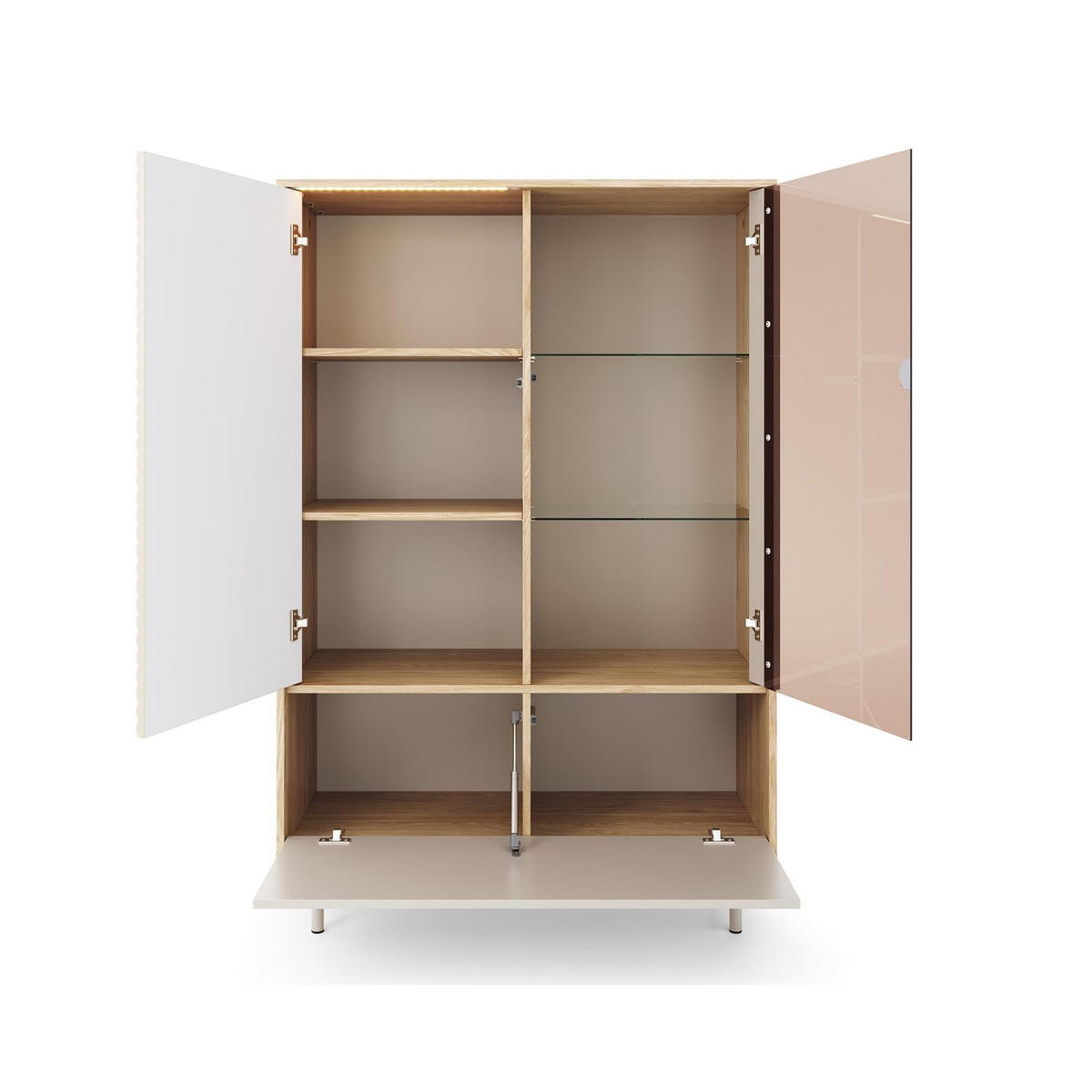 VITRINE Latilo Kaschmir, dreitürige Vitrine mit LED - Kaschmir/Braun, Holzwerkstoff (100/152/40cm) - Bettso