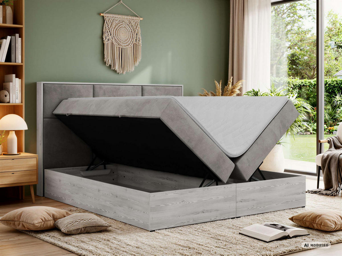 KONTINENTÁLNÍ POSTEL DELNOR 160/200 - Světle šedá Samet - Topper Visco - H3 - černá/světle šedá, textil/plast (160/200cm) - MKS