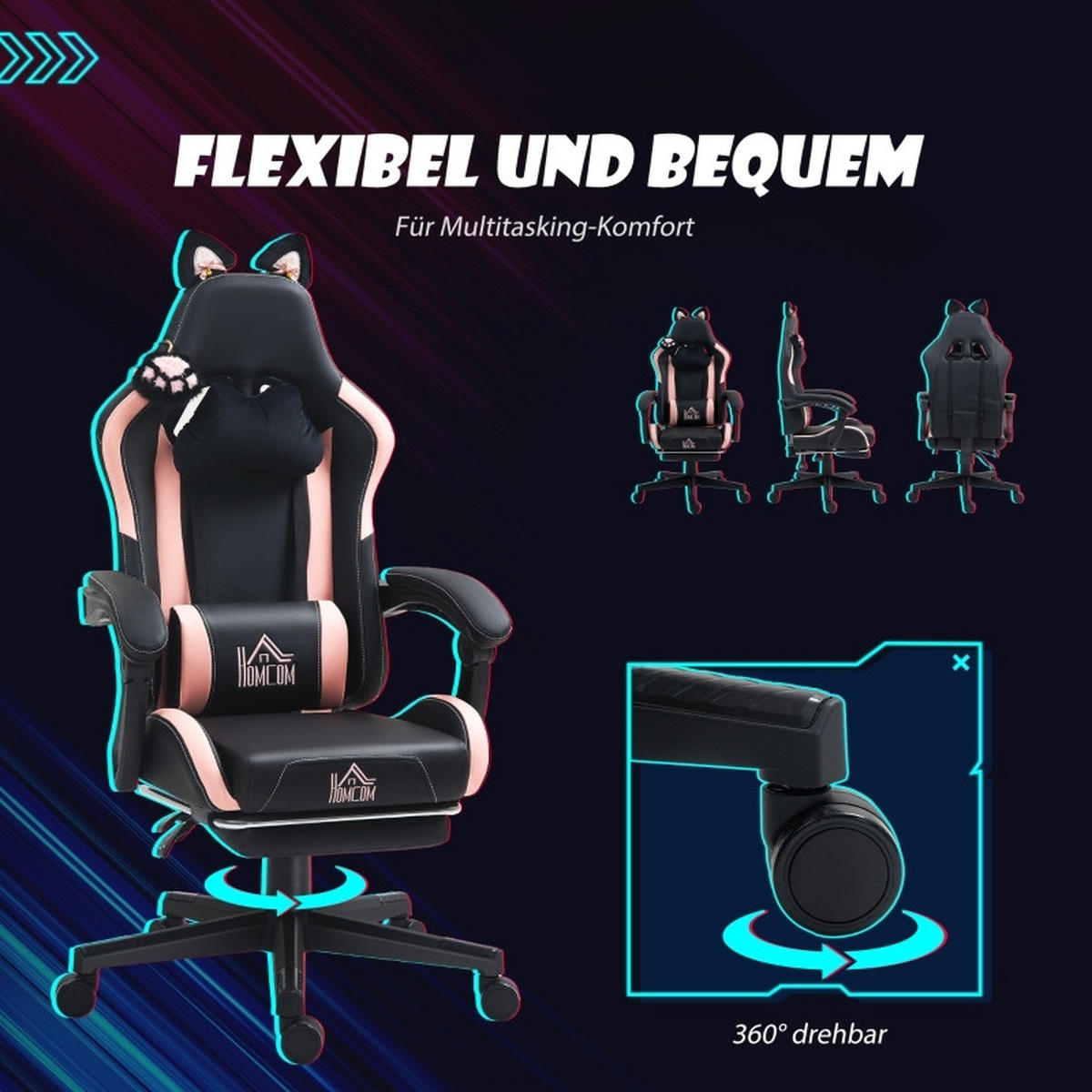 GAMING Stuhl mit Katzenohren, Lendenwirbelstütze, Fußstütze, Kopfkissen, höhenverstellbar, Liegefunktion Schwarz-Rosa - Schwarz, Leder (62/116/65cm) - BRILVERDE
