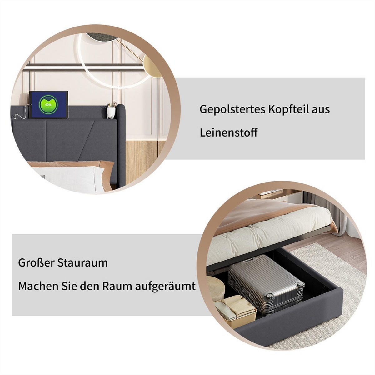 POLSTERBETT 140x200 cm - Hydraulisches Stauraumbett mit USB- und Type-C-Ladefunktion - ohne Matratze - Grau - Grau, Textil (140/200cm) - DELFA