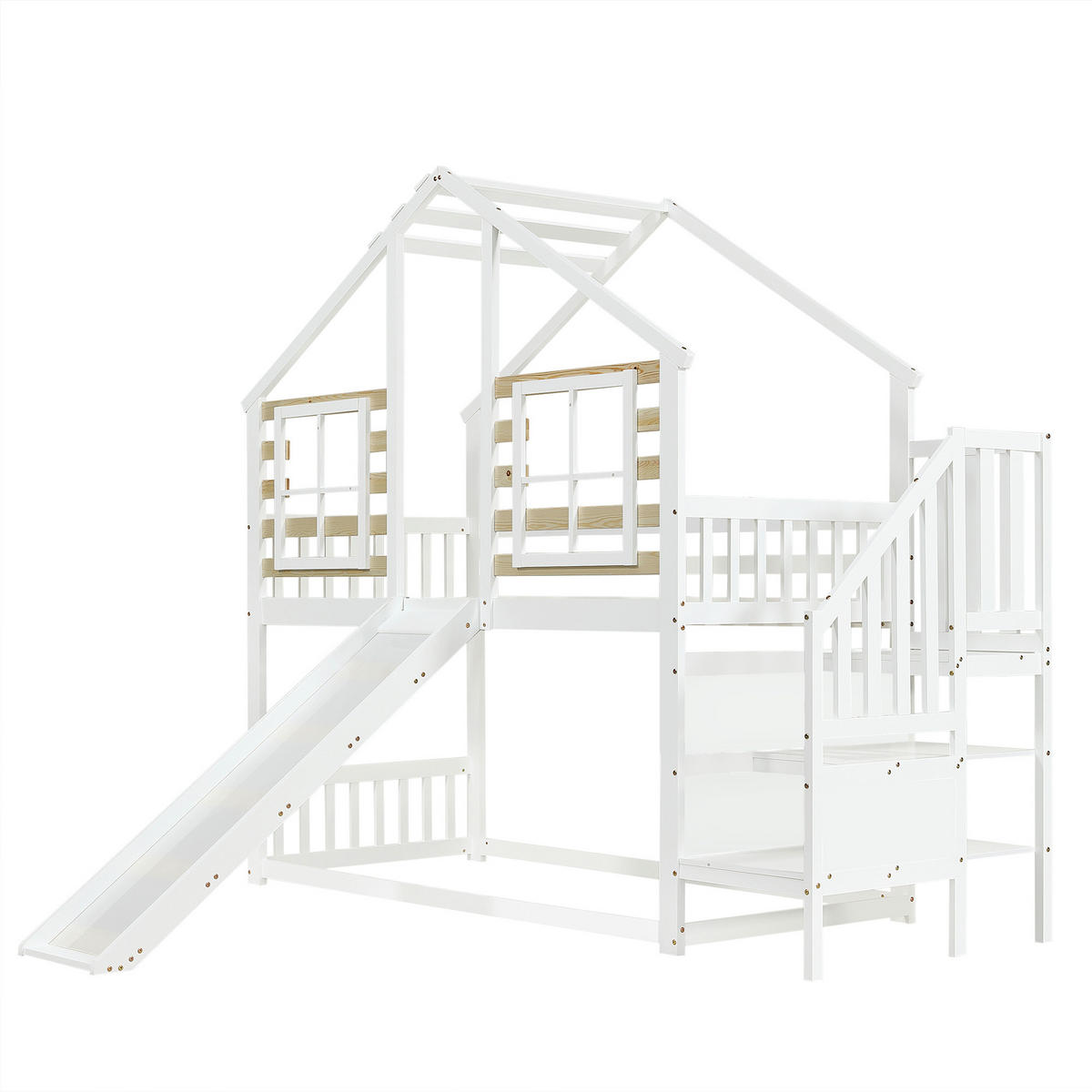 ETAGENBETT 90/200 cm in Weiß & Natur mit Rutsche, Fenster und Treppe Massivholz Blockhaus-Design - Weiß, Holz (90/200cm) - STILVORA