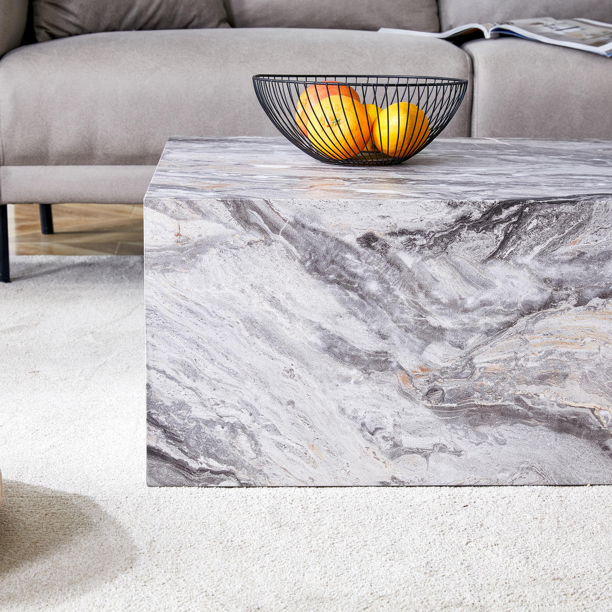 COUCHTISCH in Grau Wohnzimmertisch mit Marmorimitat-Textur für Wohnzimmer, B90/T50/H30 cm - Grau, Holzwerkstoff (50/90/30cm) - STILVORA