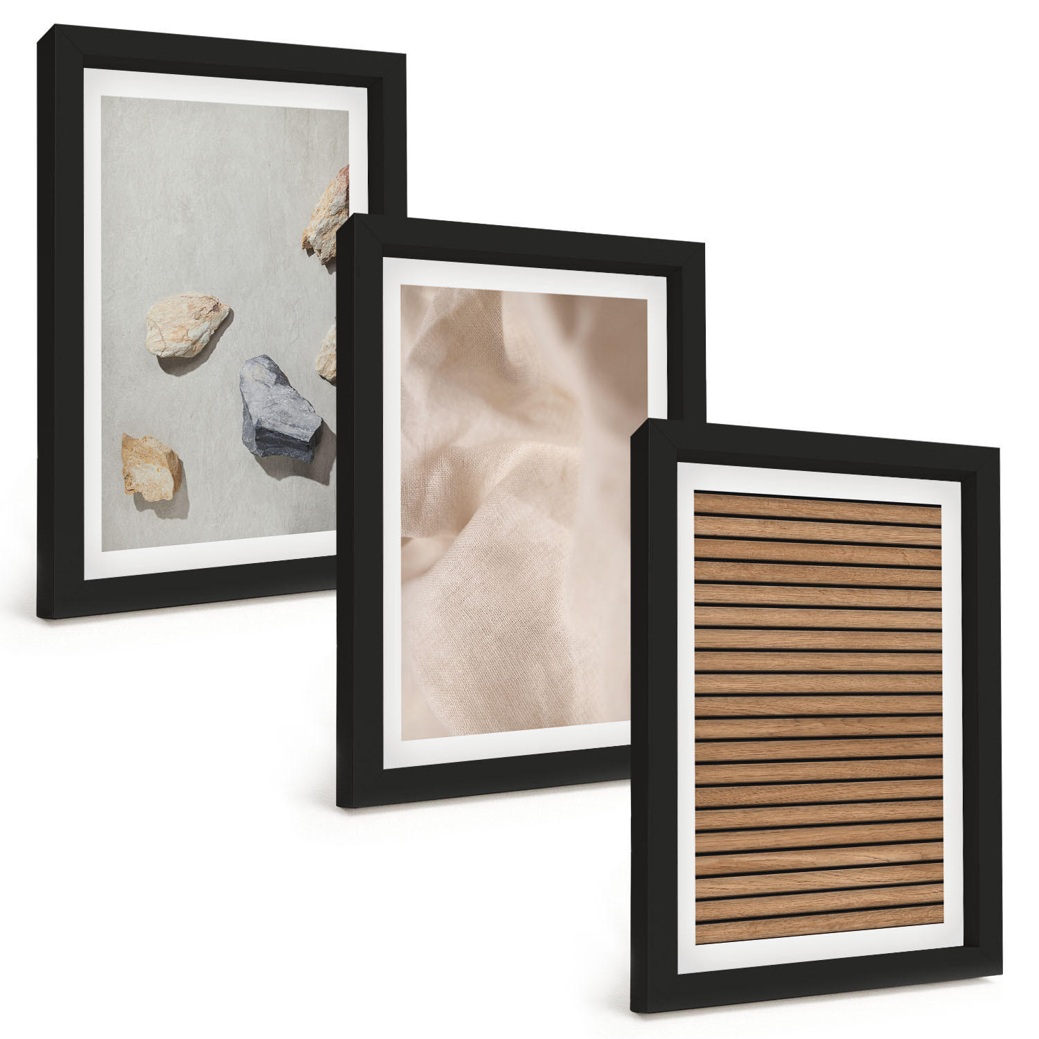 BILDER SET 3er Set - 20x30 cm Schwarzer Rahmen - Steine, Holz, Stofftexturen - Schwarz, Kunststoff (20/30cm) - TULUP