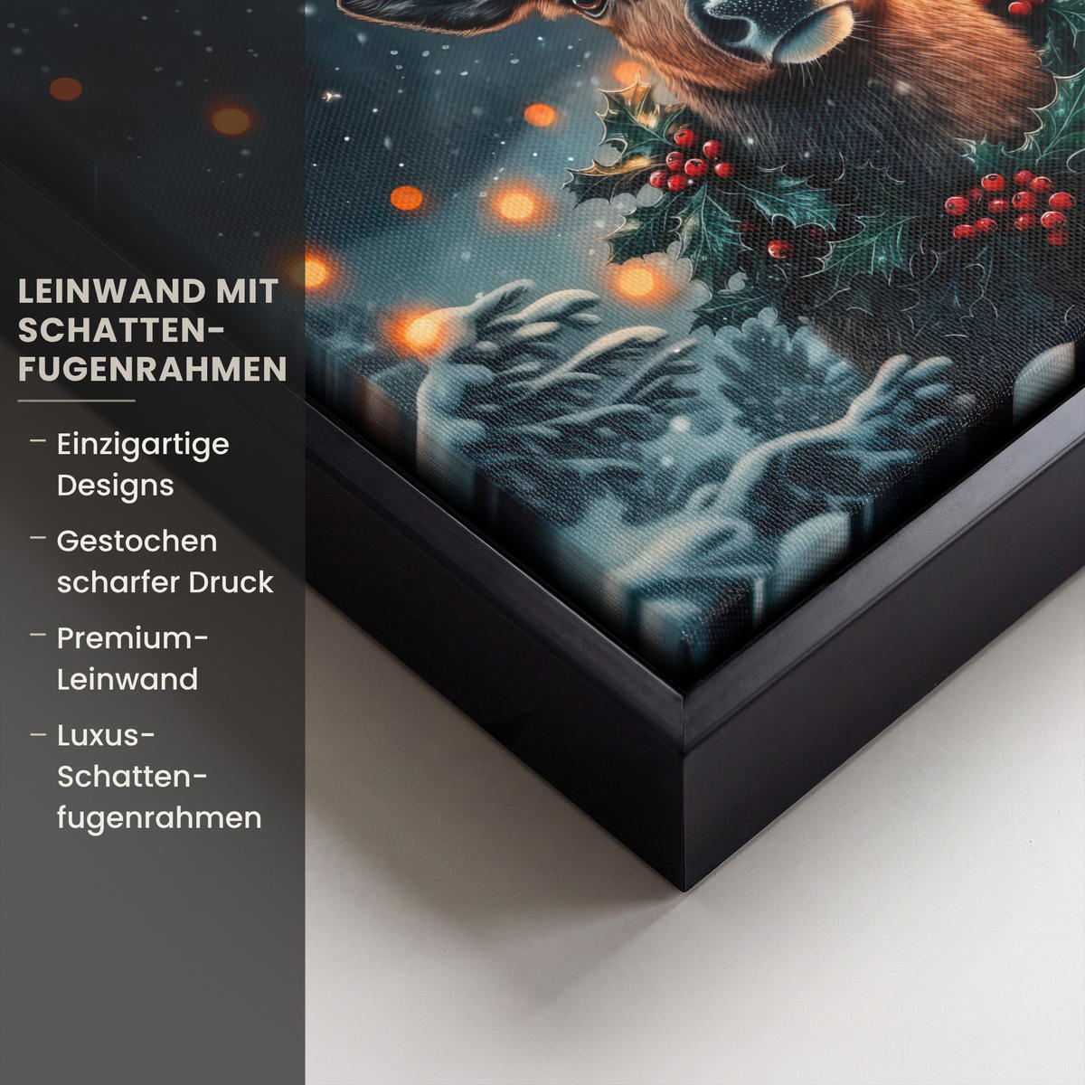 LEINWAND Bilder mit Rahmen - Hirsch - Weihnachten - Winter - Schnee - Weihnachtskranz - 20x20 - Dunkelbraun, Textil (20/20cm) - MuchoWow