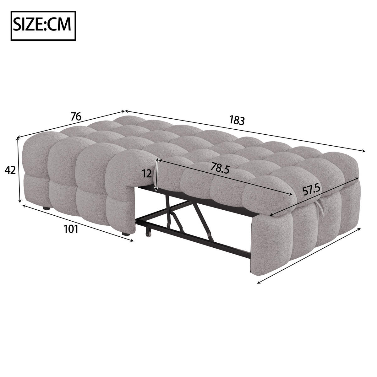 SCHLAFSOFA 183/76/42 cm Grau 2-in-1 Schlafsofa aus Teddy-Stoff mit Fußhocker - Grau, Textil (76/42/183cm) - OKWISH