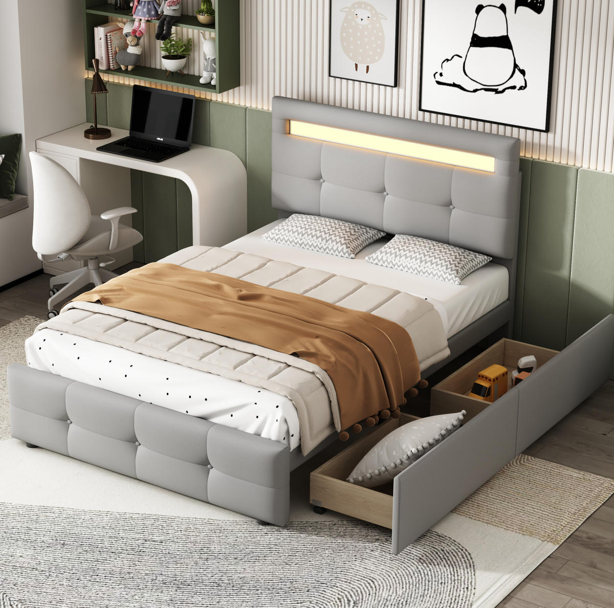 TAPECIRANI krevet 90/200 cm sivi od drva i tkanine s LED rasvjetom i 2 ladice - siva, tekstil (90/200cm) - OKWISH