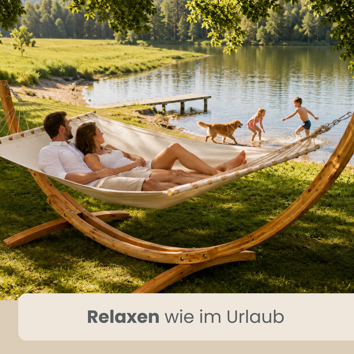 XXL-HÄNGEMATTE mit Holzgestell bis 150kg, 325/120cm, Beige - Beige, Holz (120/118/325cm) - Amanka