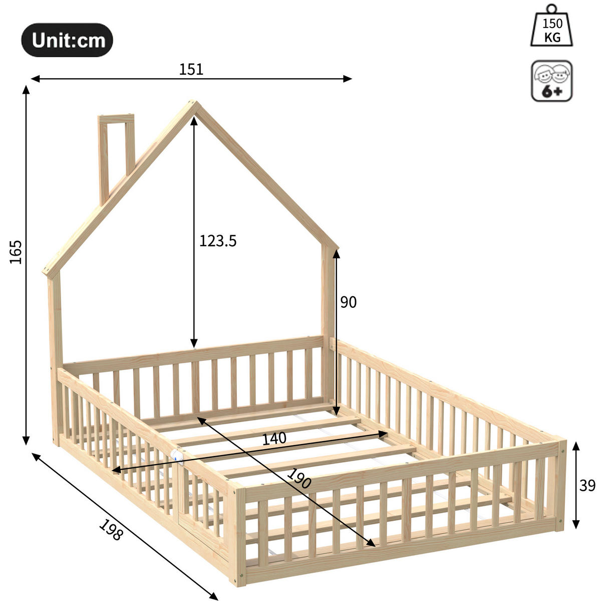 POSTELJA v obliki hiše 140/190 cm naravna iz bora in MDF z varovalno ograjo in letvenim dnom - naravne barve, leseni material (140/190cm) - OKWISH