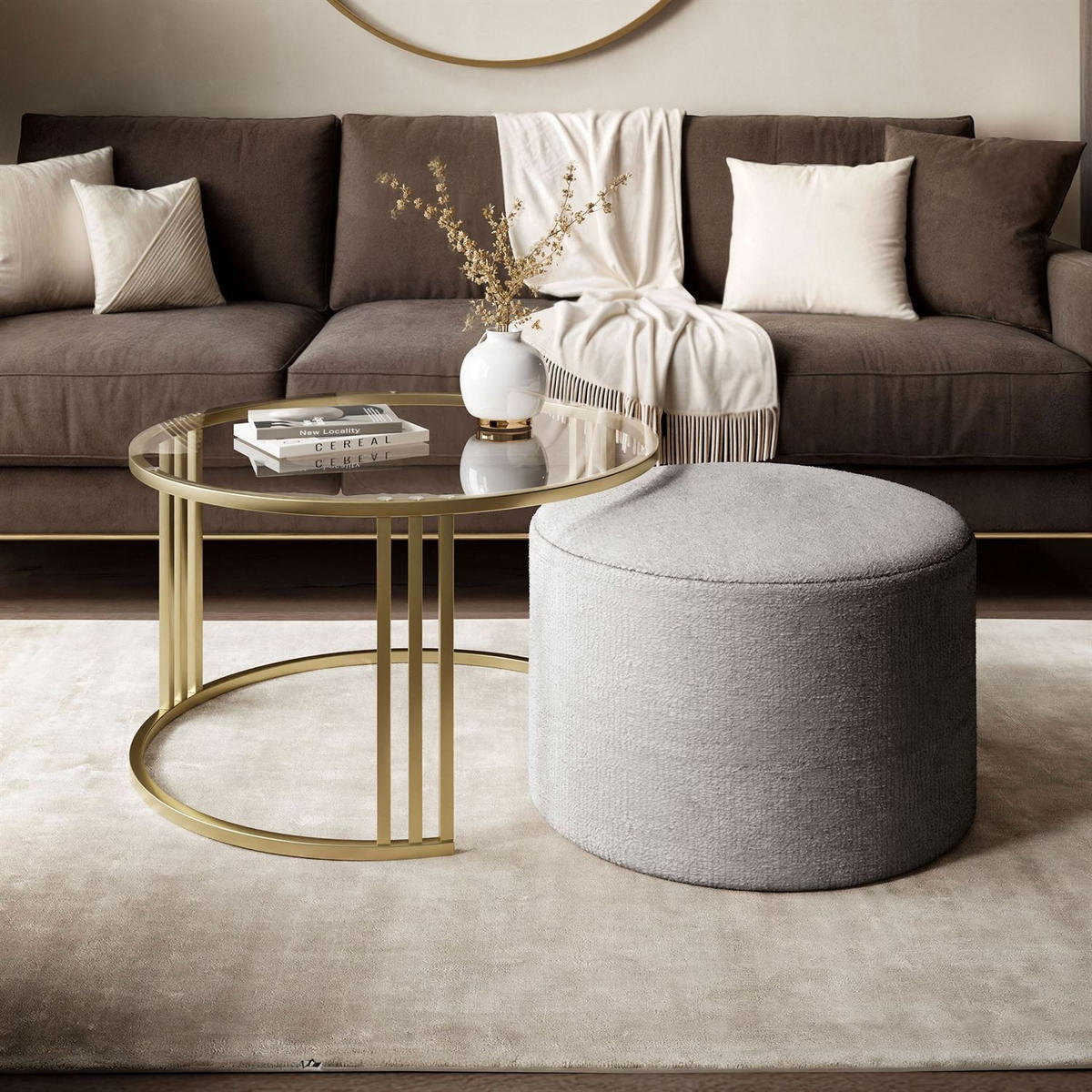 COUCHTISCH mit Hocker LORI GLASS gebürstetes Gold/transparentes Glas/Perfect Harmony 82 - Transparent, Metall (70/70/49cm) - Lookway