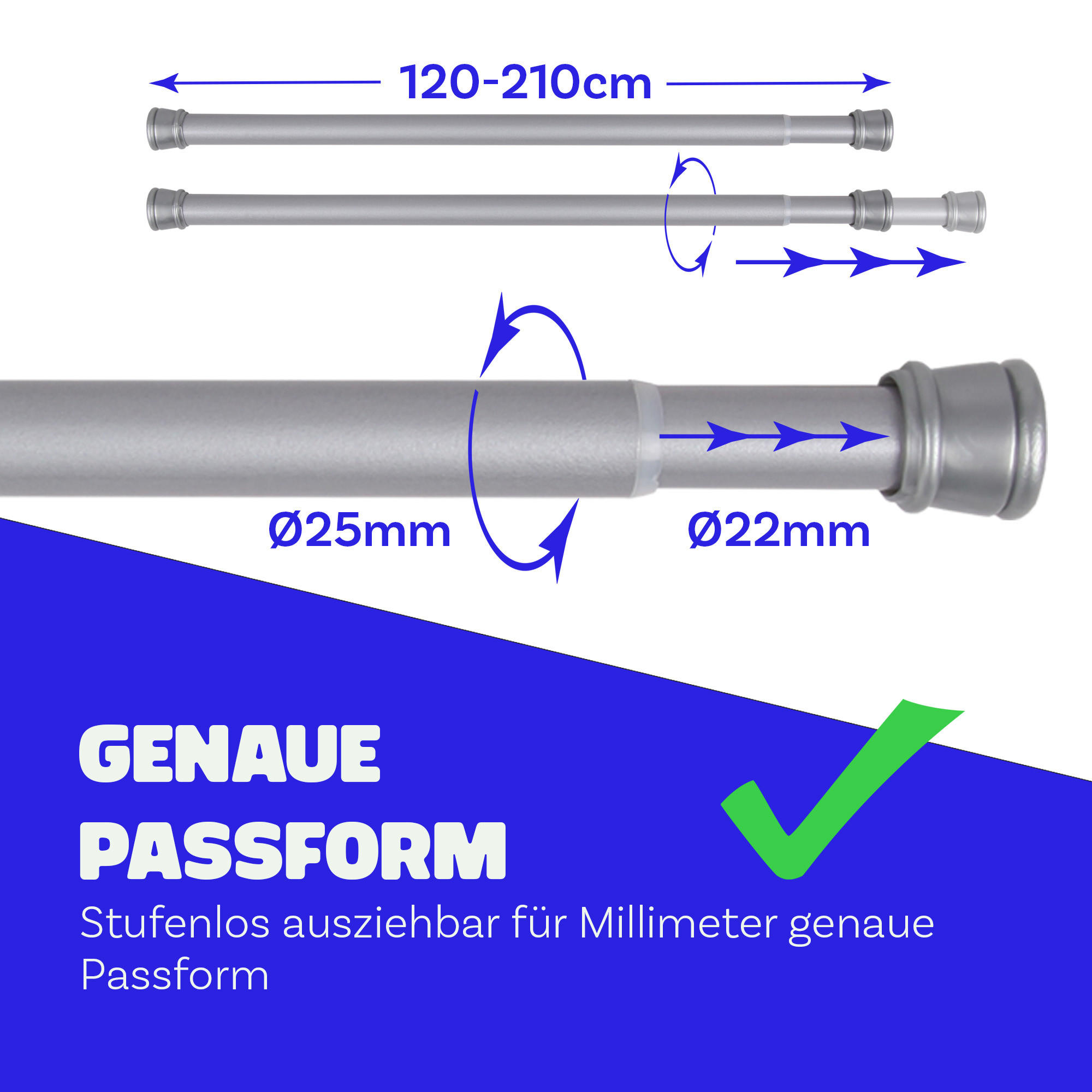 VERSTELLBARE Vorhangstange - Spannstange zum Klemmen Silber Ø22/25 mm 120-210 cm - Silberfarben, Metall (120cm) - Bestlivings