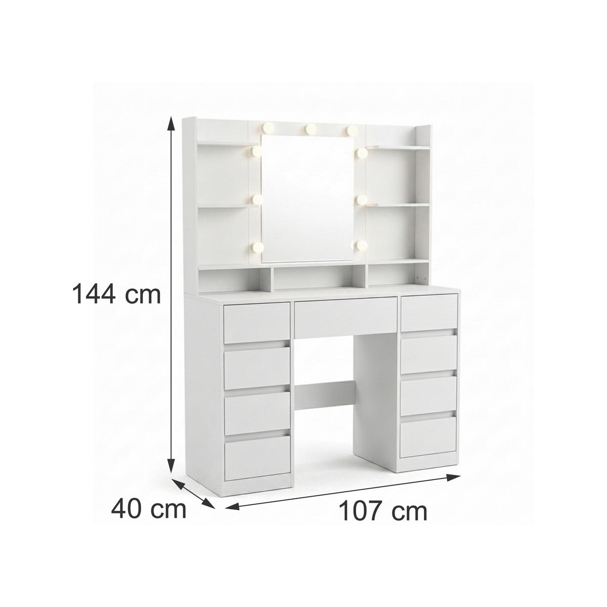 MASĂ Albă de machiaj oglindă LED 9 sertare alimentare USB - alb, compozit lemnos (107/144/40cm) - Relaxdays