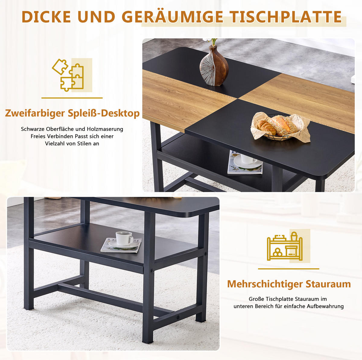ESSTISCH-SET 4er-Set 160 cm Schwarz/Gold - Schwarz, Metall (90/76/160cm) - Meubliv
