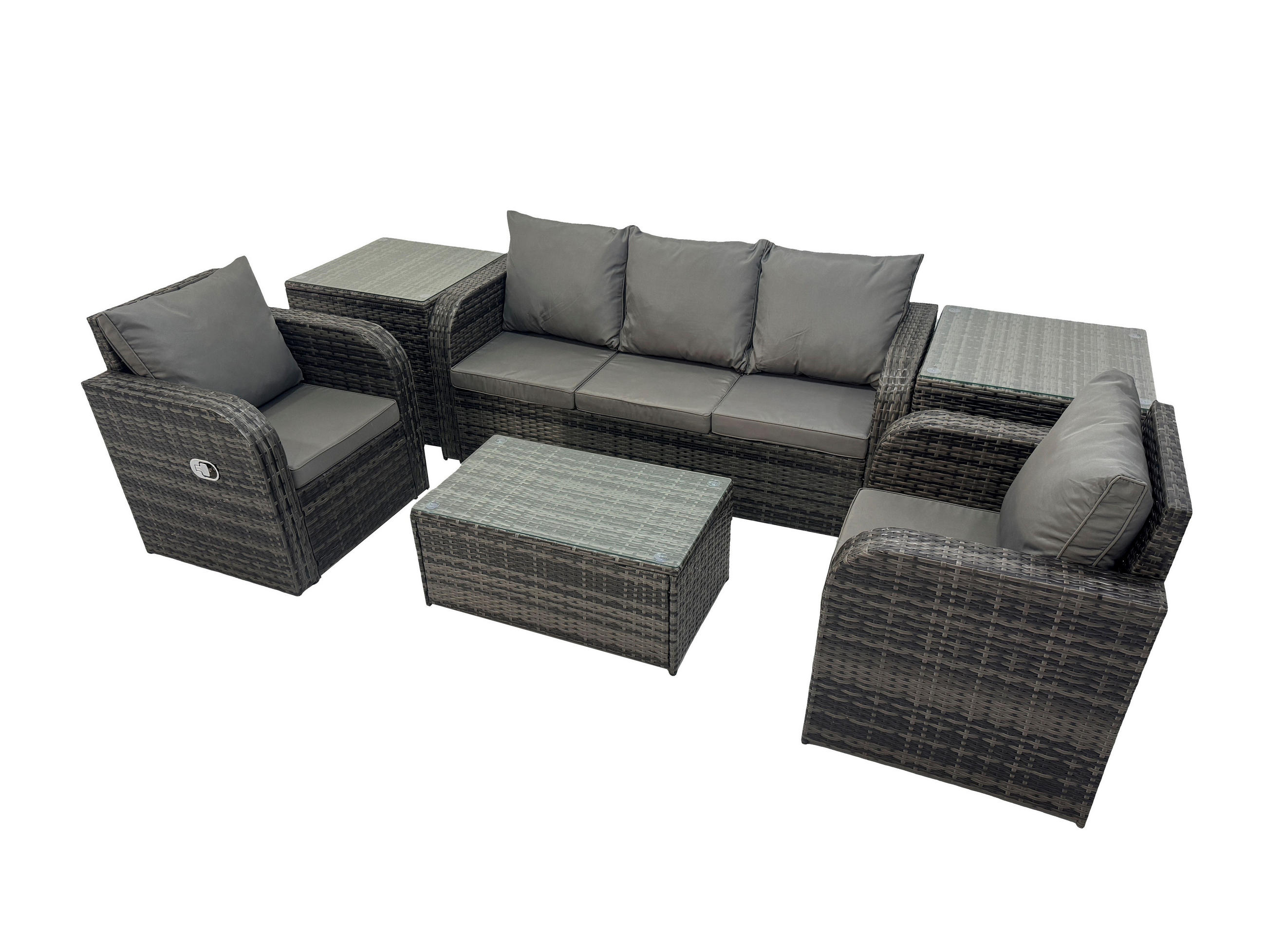 GARTENMÖBELSET mit Couchtisch Polyrattan 5-Sitzer - Dunkelgrau/Grau, Glas/Kunststoff - Fimous
